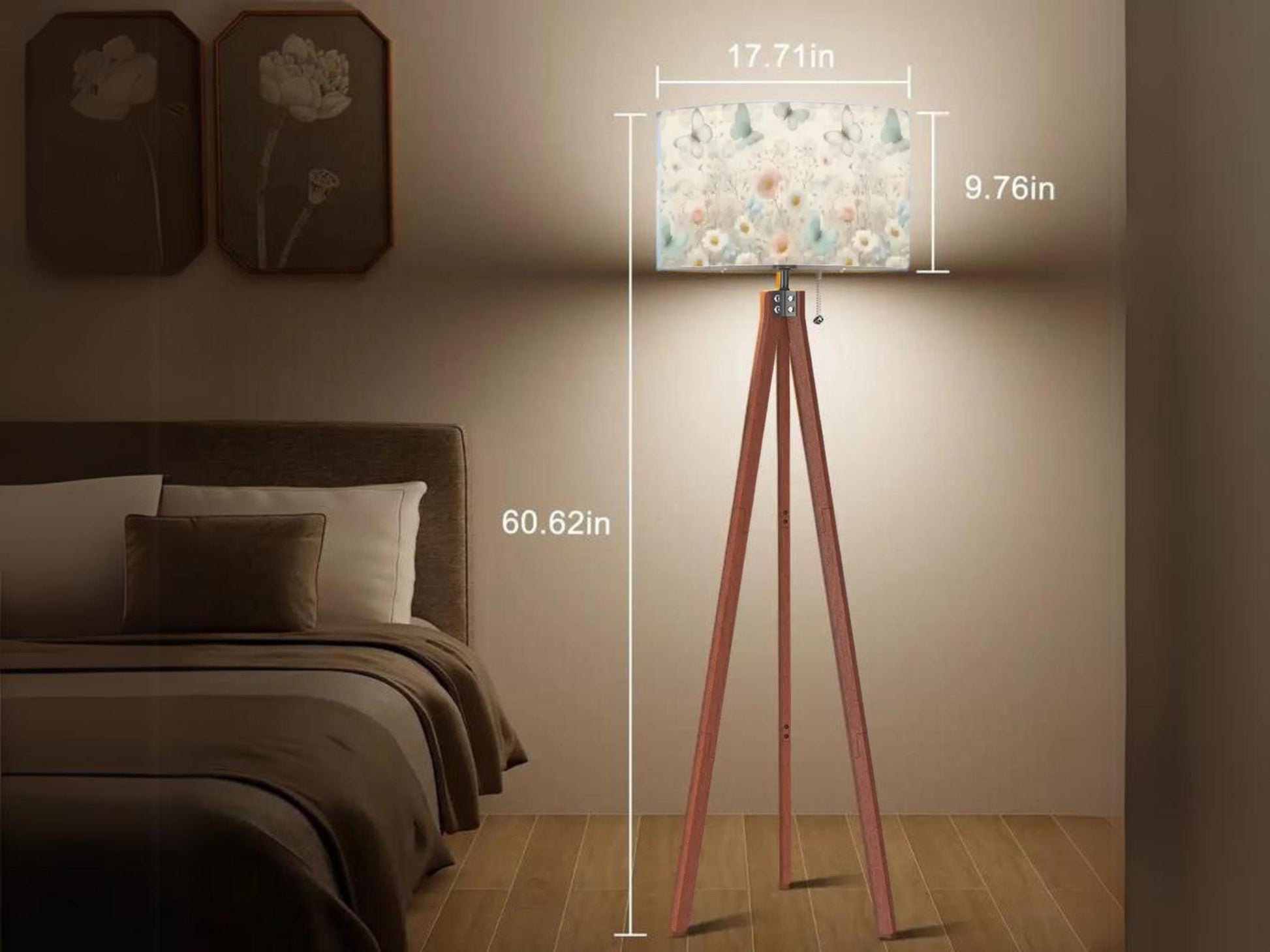Floor Lamp Wood Tripod Tall Lamp Solid Wood Round Linen Shade Mid Century Floral Tall Lamp Housewarming Gift Living Room Lighting Decor Lamp