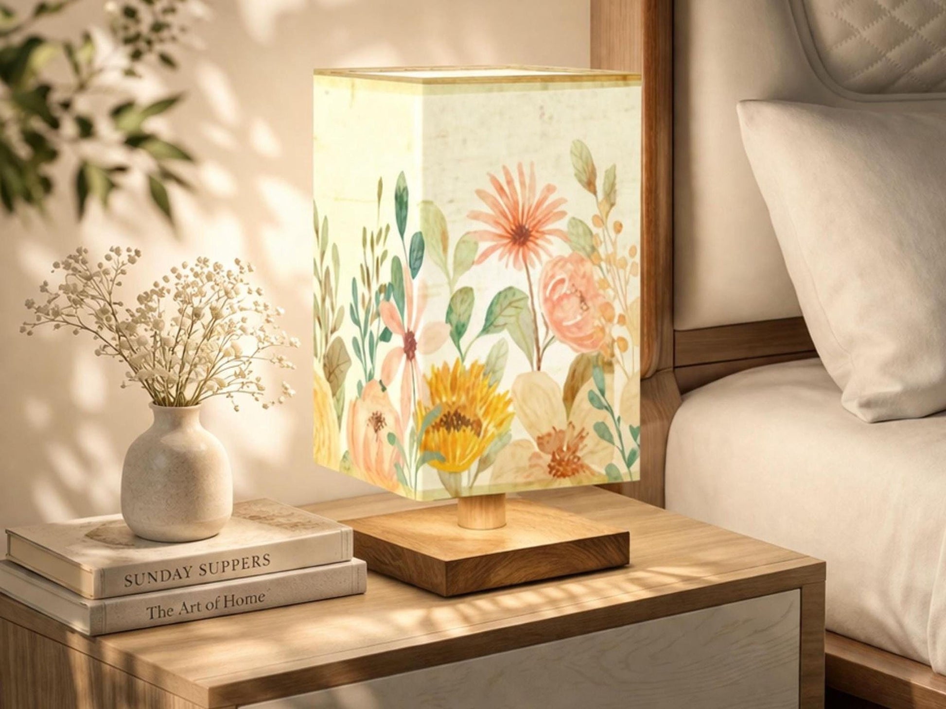Bedside Table Lamp Remote Control Floral Watercolor Flowers Lamp For Small Desk Lamp For Office Wood Desk Lamp Lighting for Living Room