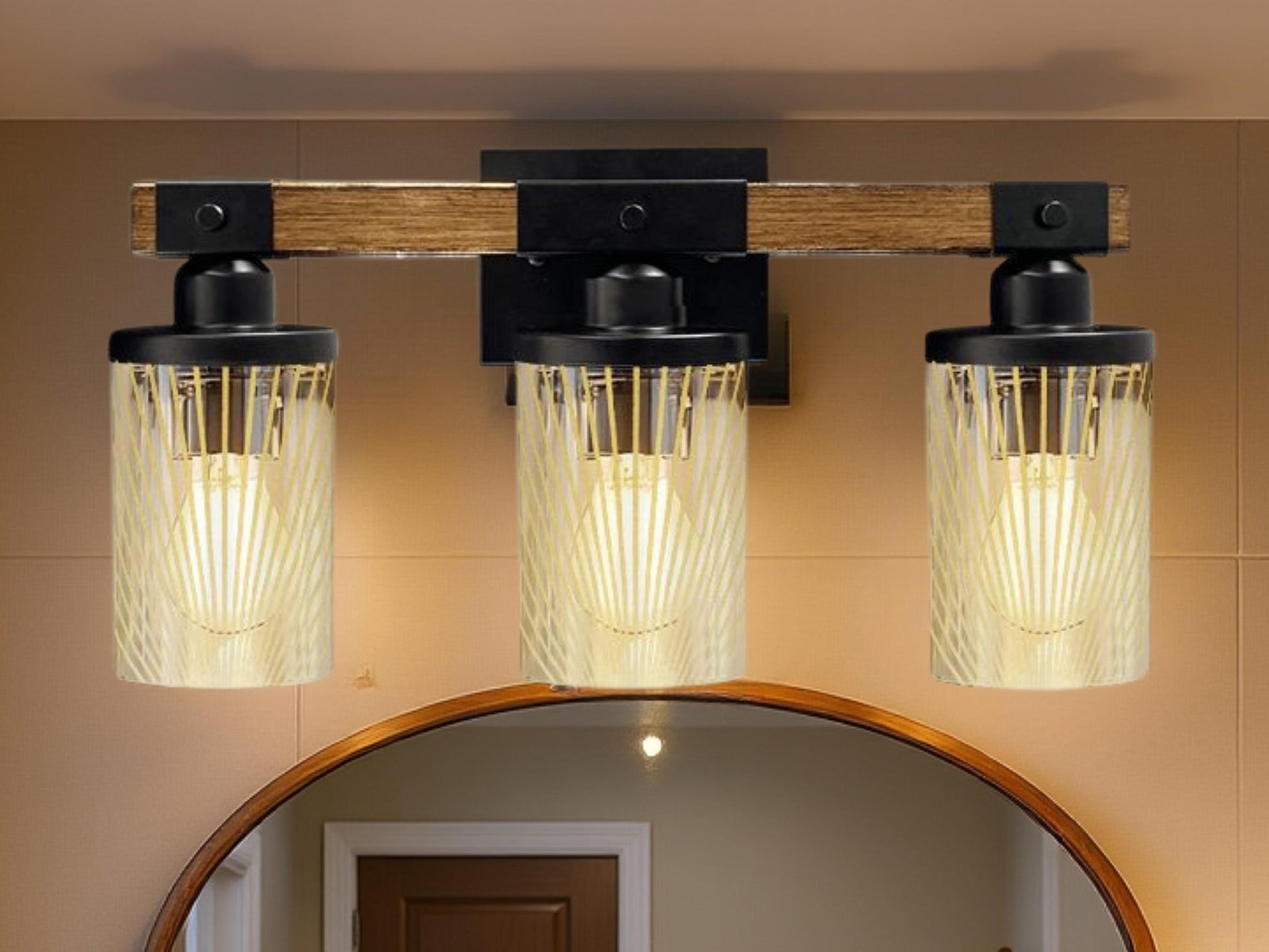 Luxury Bathroom Lighting Modern Farmhouse Vanity Light Fixture 3-Light Decorative Metal & Glass Bath Light Lined Beige Light Over Sink Decor