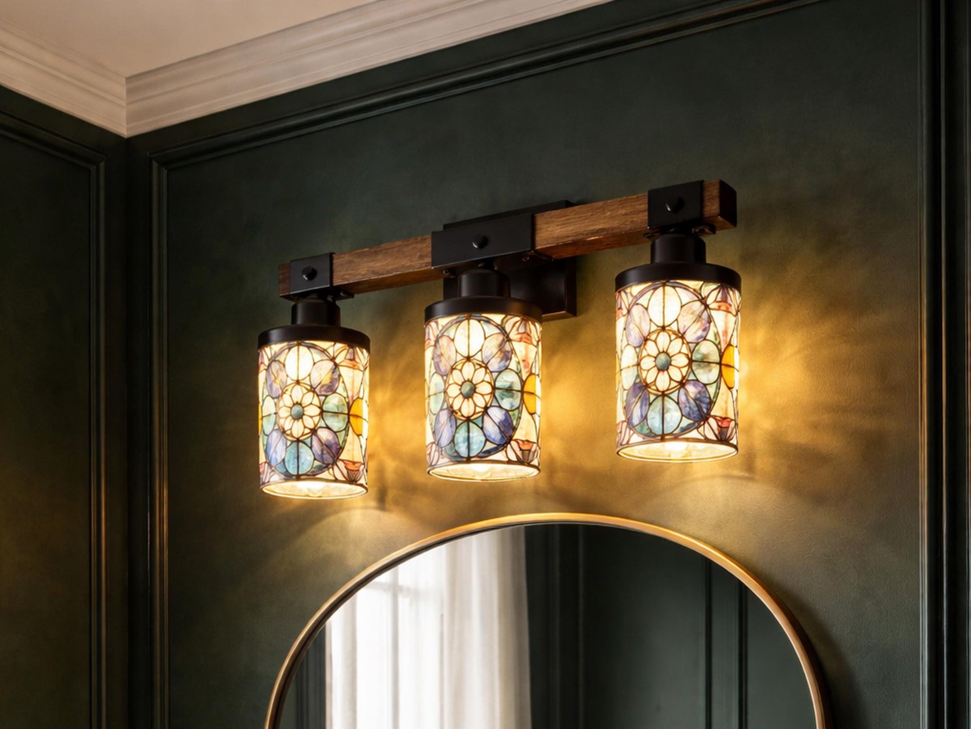 Stained Glass Affect Luxury Bathroom Lighting 3 Light Vanity Light Fixture Modern Pattern Metal and Glass Restroom Light Over Sink Decor
