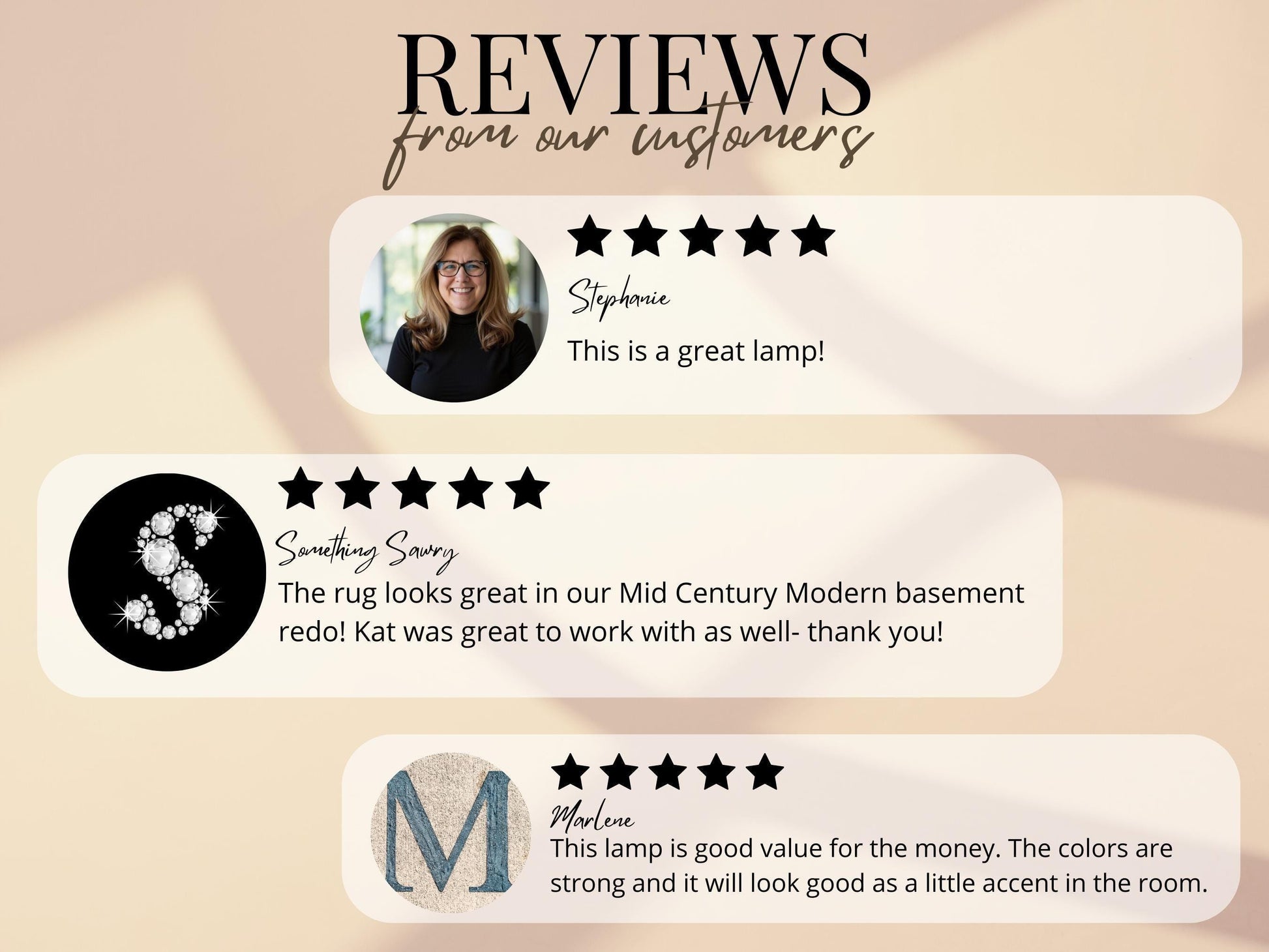 three reviews from customers, each with a rating and a description of the product or service. The reviews are written in a casual and positive tone, highlighting the features and benefits of the product or service.