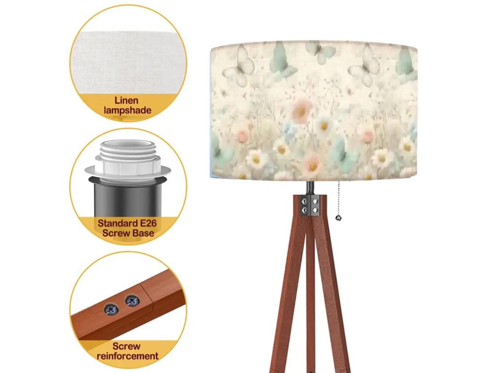 Floor Lamp Wood Tripod Tall Lamp Solid Wood Round Linen Shade Mid Century Floral Tall Lamp Housewarming Gift Living Room Lighting Decor Lamp