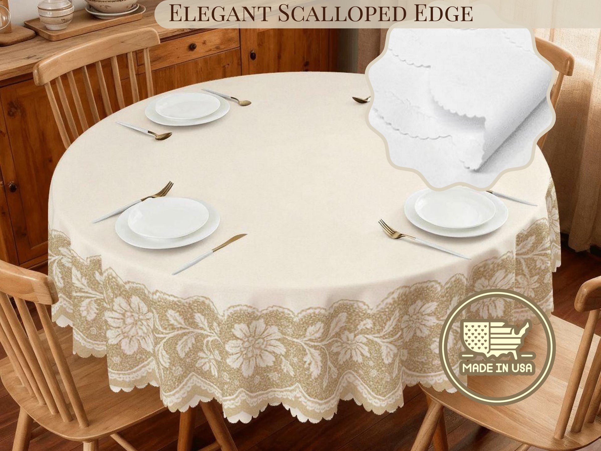Round Floral Tablecloth With Scalloped Edge Lace Printed Detail Design Spill-Proof Elegant Washable Fabric Table Cloth For Dining Table