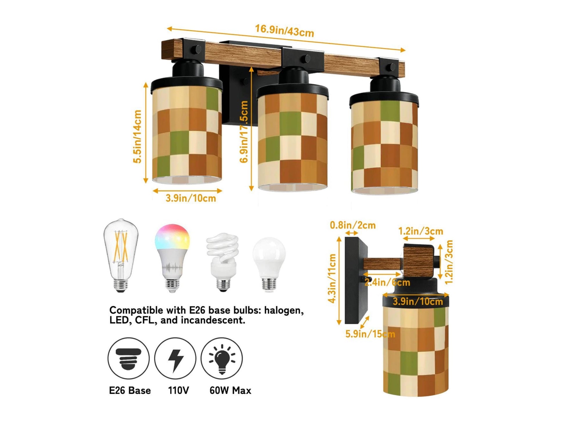 Luxury Bathroom Lighting MCM Vanity Light Fixture 3-Light Decorative Metal & Glass Restroom Light Midcentury Modern Checkers Over Sink Decor