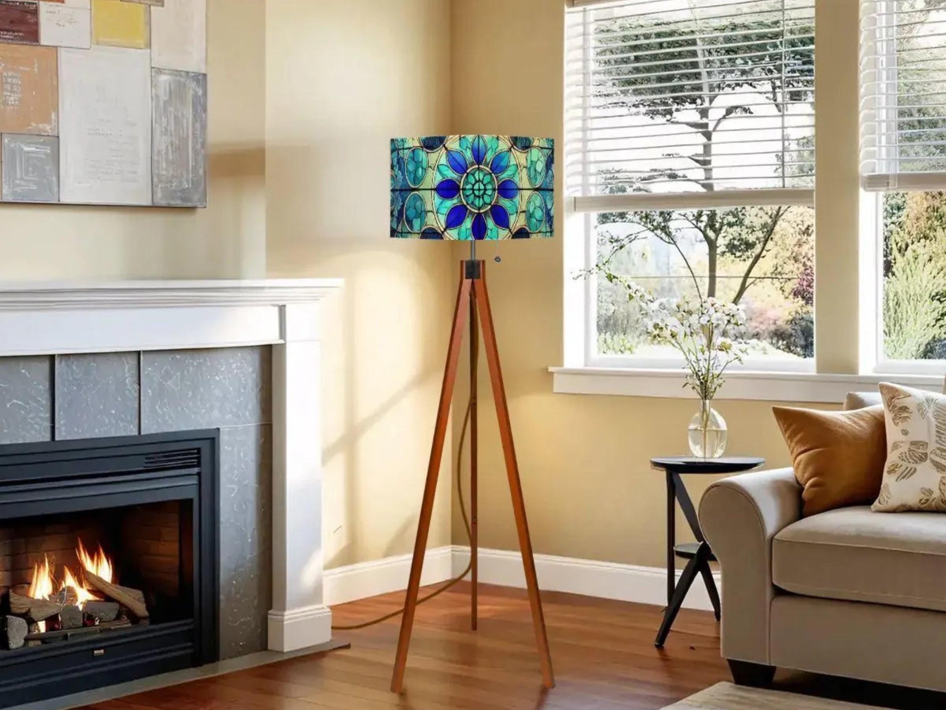 Floor Lamp Tripod Mid Century Wood Tall Lamp Linen Shade Stained Glass Effect Solid Wood Tall Lamp Housewarming Gift Living Room Decor Lamp