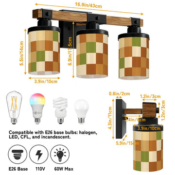 Olive and Orange Checkerboard Three-Light Vanity Fixture
