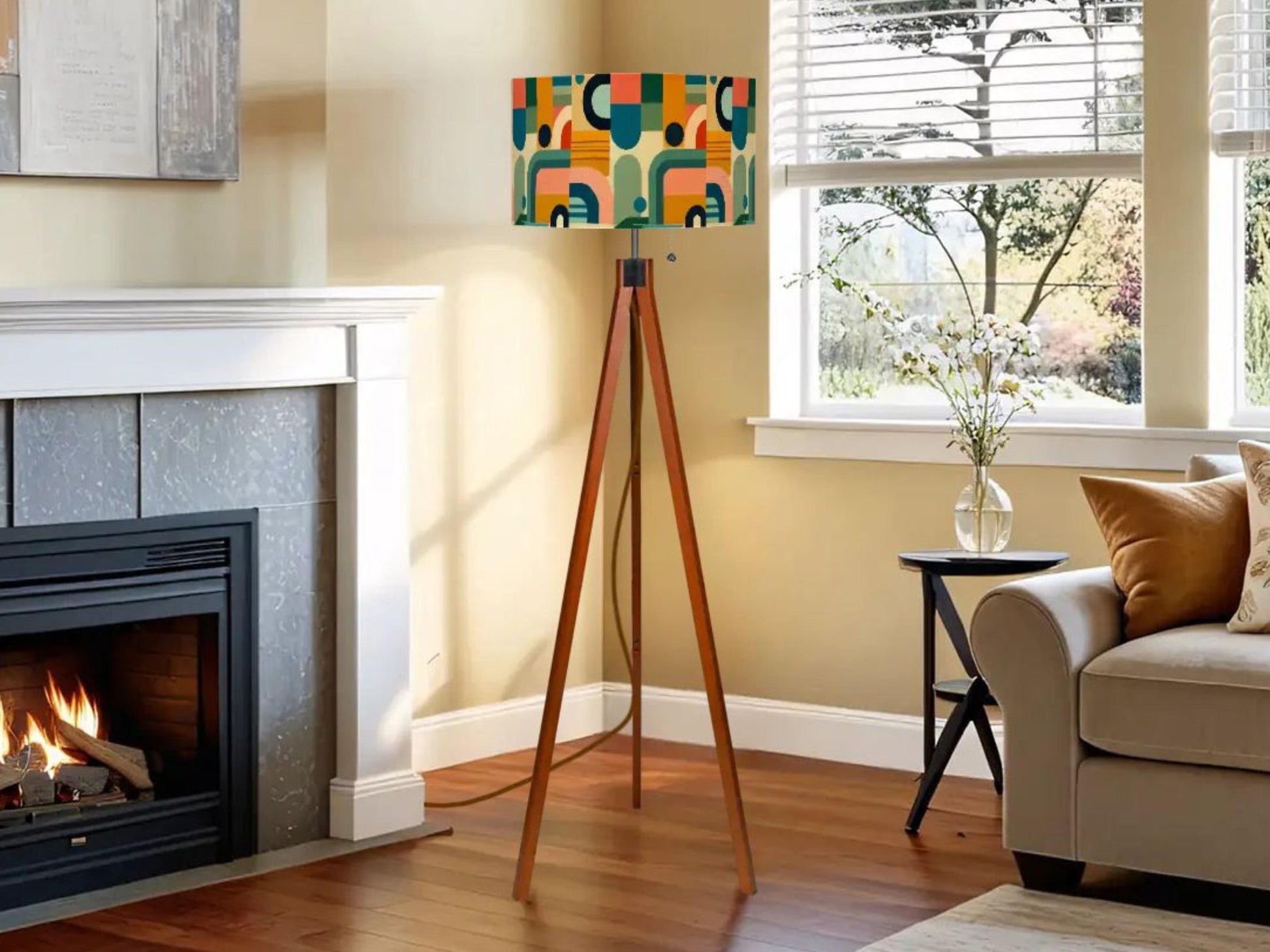 Mid Century Modern Tripod Floor Lamp Wood Base Housewarming Gift Living Room Lighting Decor Abstract Shape Orange Floor Lamp Gifting Idea
