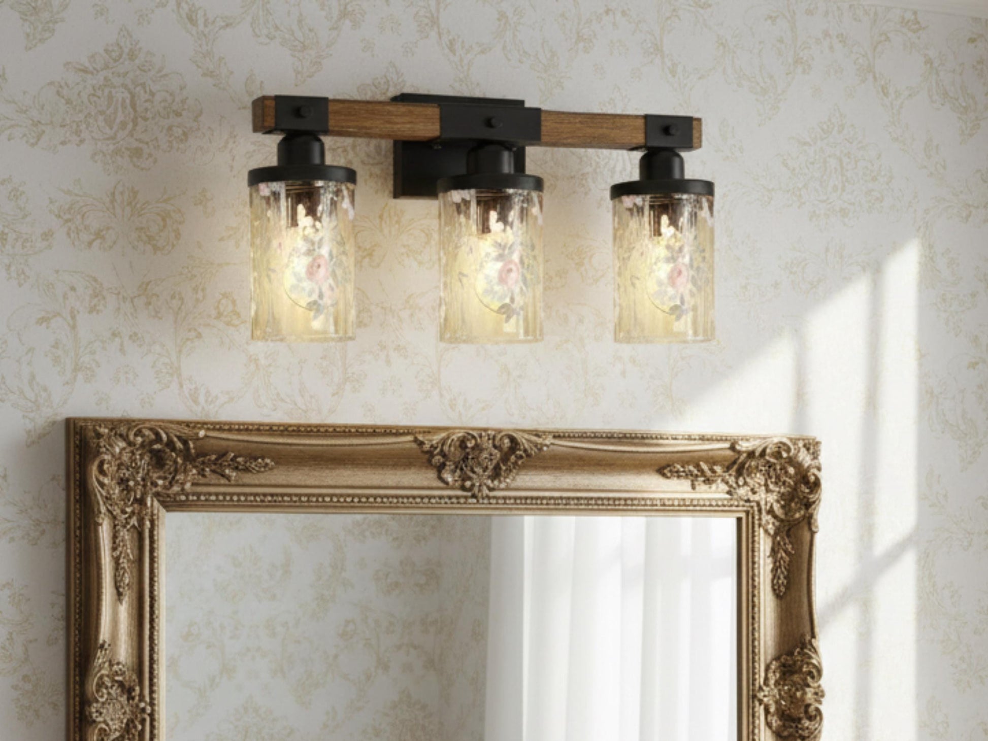 Luxury Bathroom Lighting Vanity Light Fixture 3-Light Watercolor Floral Farmhouse Roses Metal and Glass Restroom Light Over Sink Decor