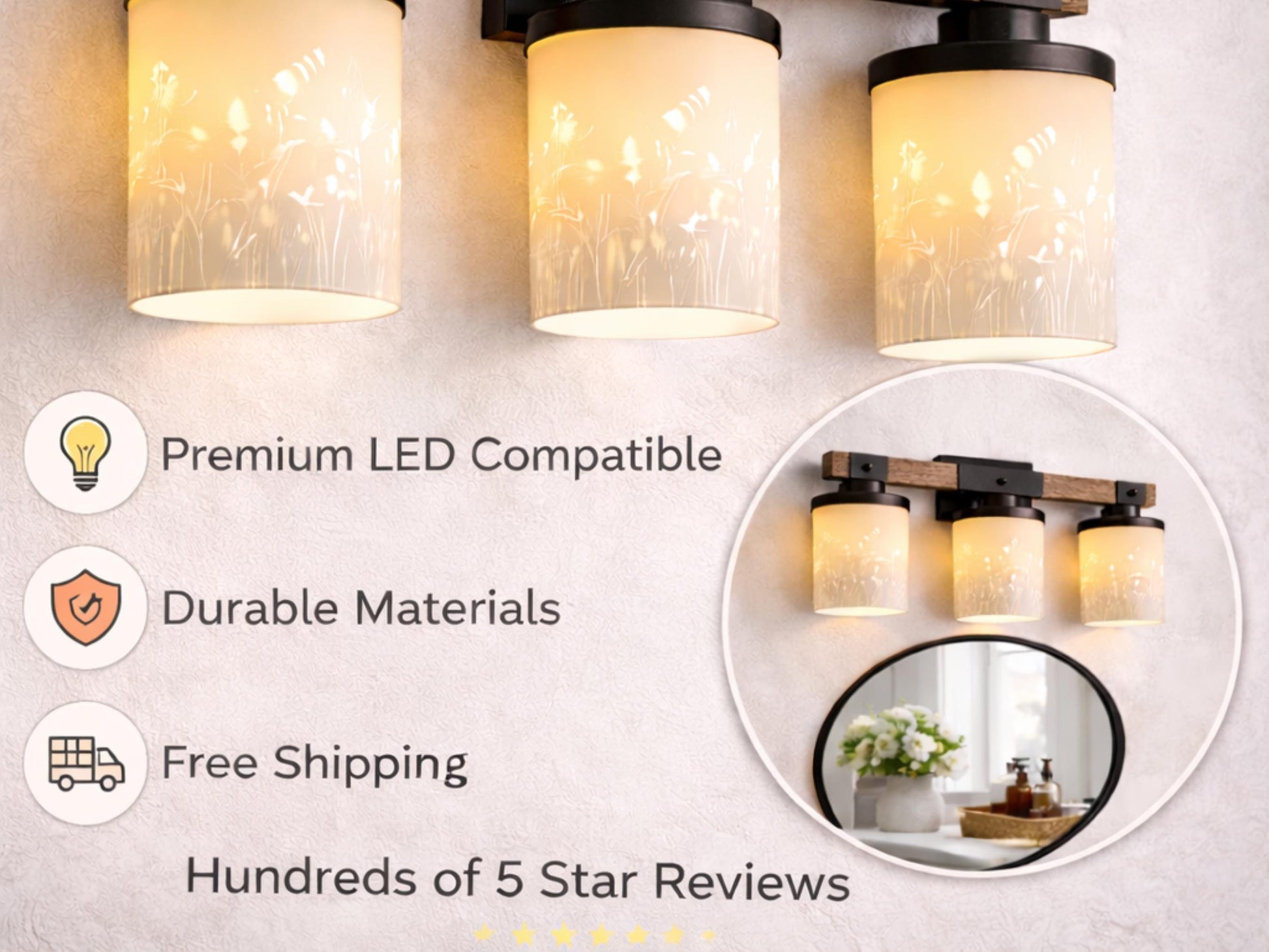 Vanity Light Fixture 3-Light Wildflower Floral Farmhouse Luxury Bathroom Lighting Flowers Metal and Glass Restroom Light Over Sink Decor