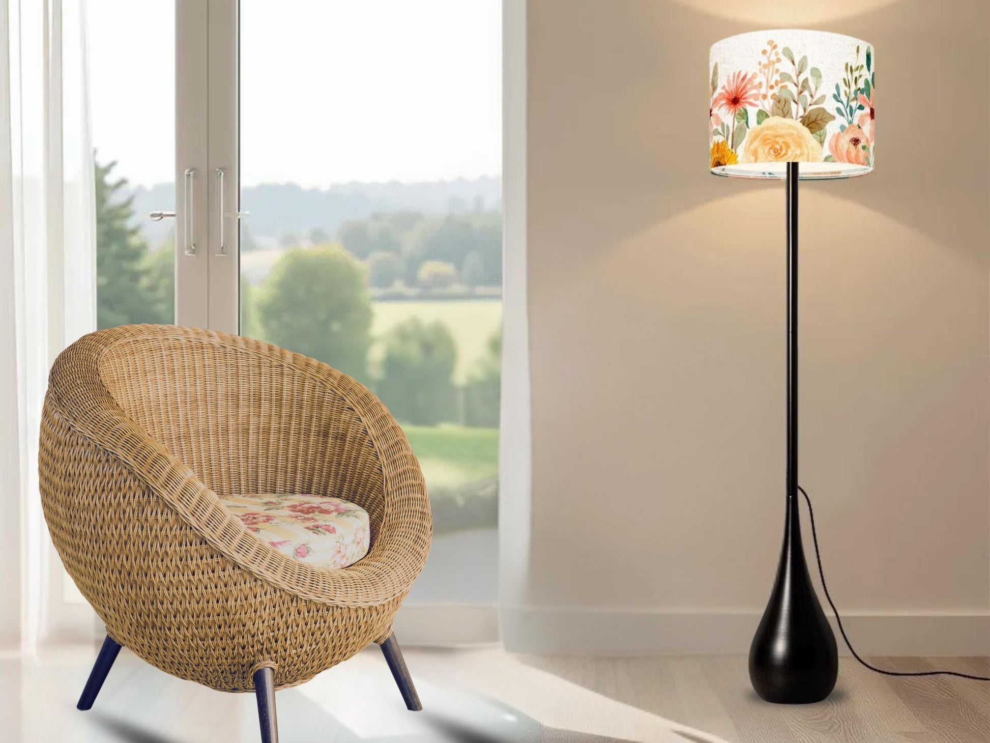 Floor Lamp Remote Control Boho Flower Teardrop Living Room Lamp Gift Housewarming Present Idea Watercolor Design Bedroom Lighting Floor Lamp
