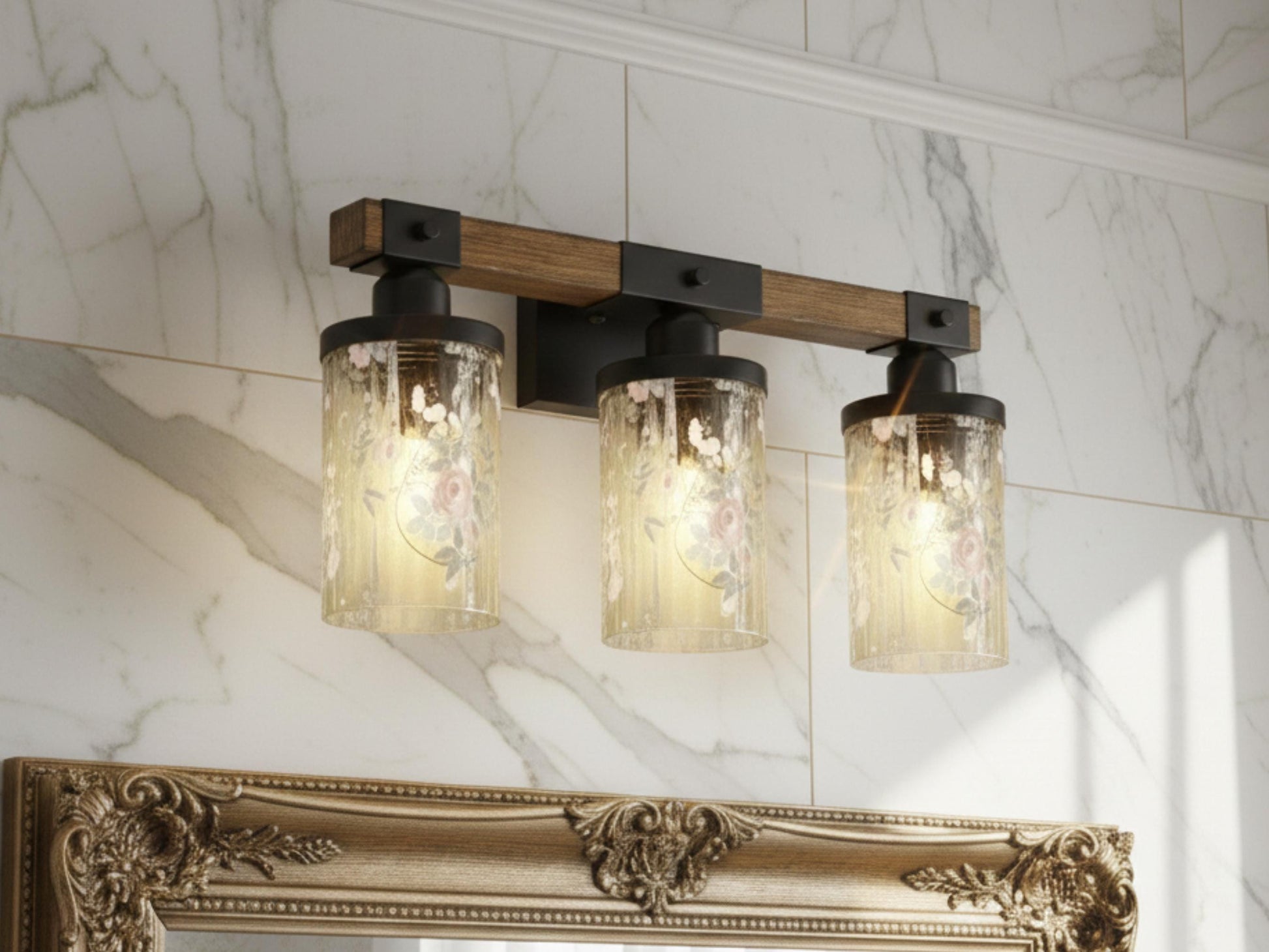 Luxury Bathroom Lighting Vanity Light Fixture 3-Light Watercolor Floral Farmhouse Roses Metal and Glass Restroom Light Over Sink Decor