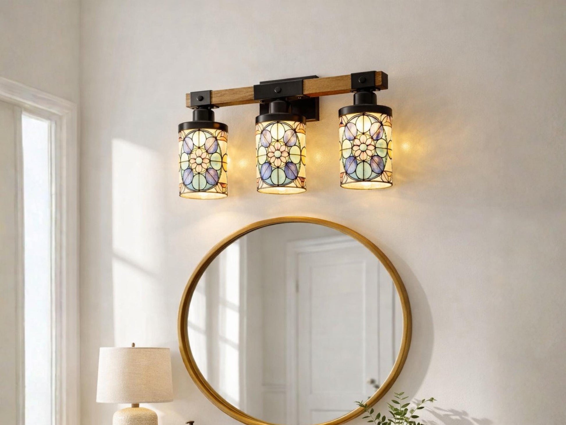 Stained Glass Affect Luxury Bathroom Lighting 3 Light Vanity Light Fixture Modern Pattern Metal and Glass Restroom Light Over Sink Decor