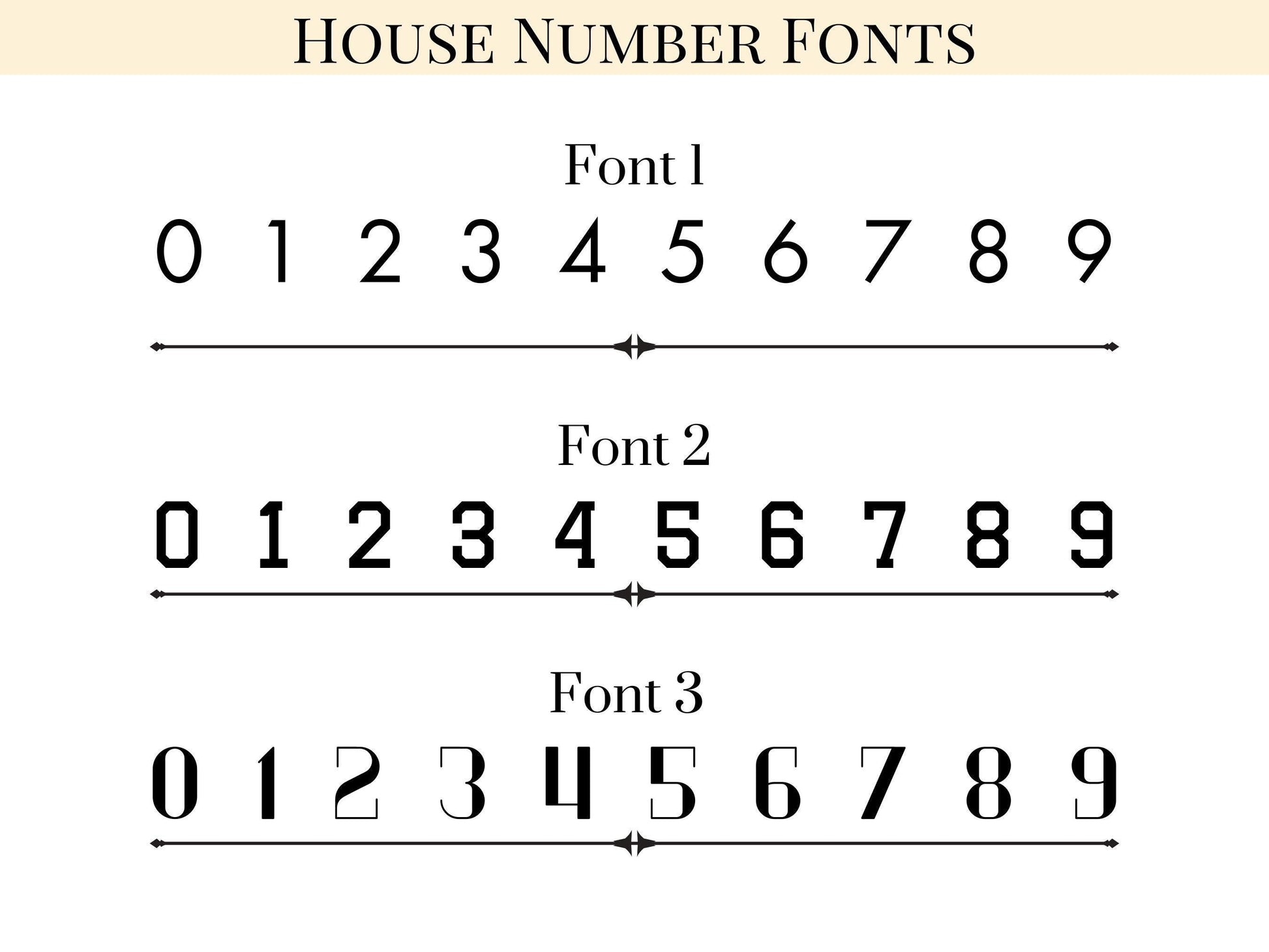 three different house number fonts, each with a unique design and style. The first font is a simple, sans-serif style with the numbers 1 through 9. The second font is a more ornate, serif style with the numbers 1 through 9. The third font is a bold, sans-serif style with the numbers 1 through 9.