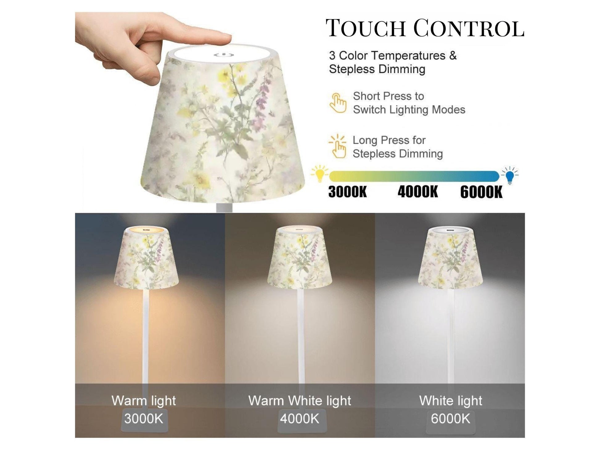 Cordless Table Lamp LED Touch Activated Desk Lamp Wildflower Rechargeable Lamp Nightstand Dimmable Table Lamp Stepless Dimming By Touch Lamp