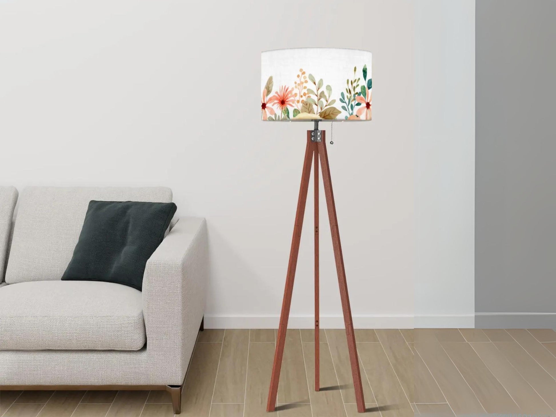 Floor Lamp Floral Tall Lamp Solid Wood Round Linen Shade Watercolor Floral Tall Lamp Housewarming Gift Living Room Lighting Decor Lamp