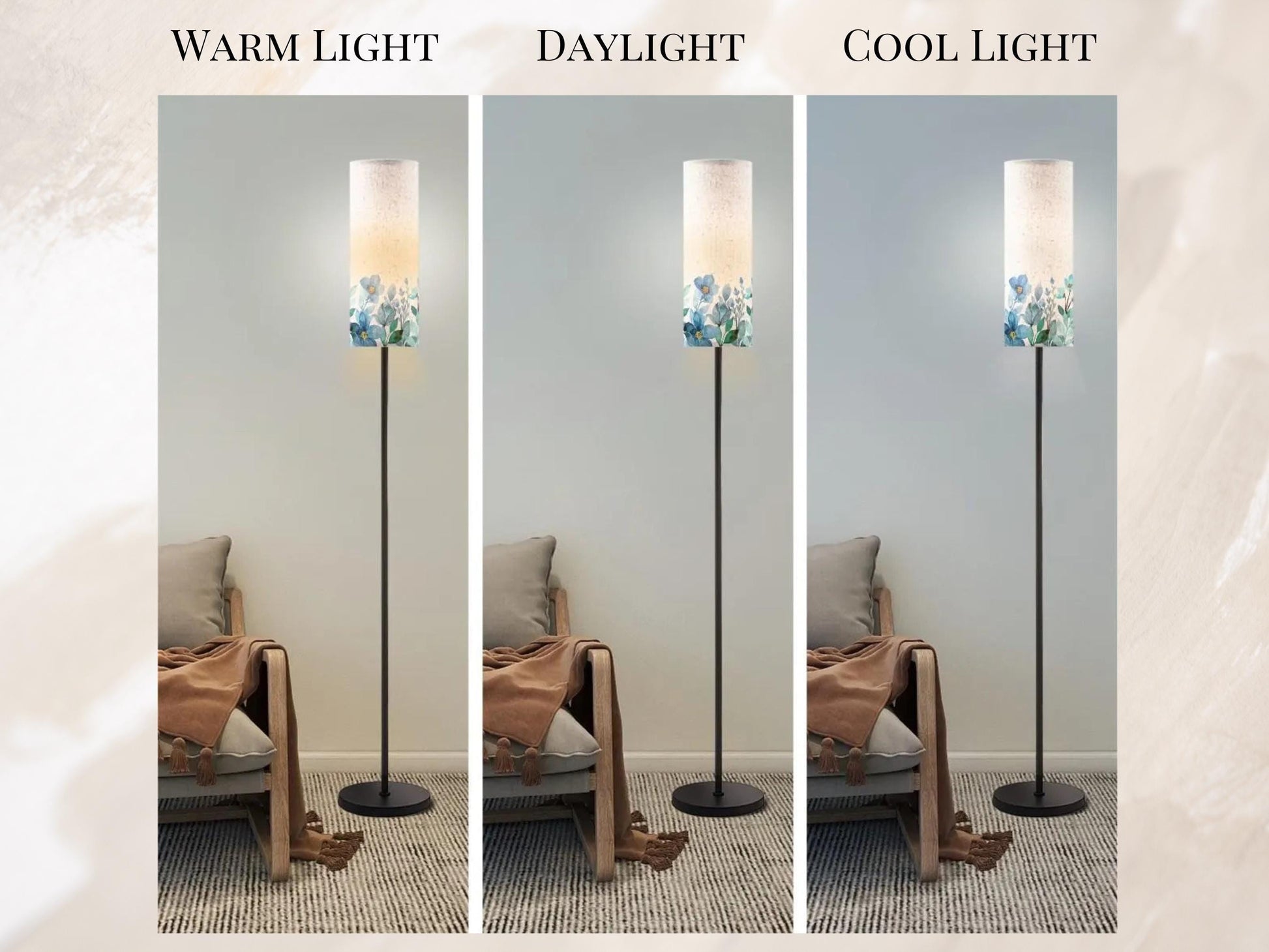Floor Lamp Mid Century Modern Beige Blue Floor Lamp Stripe MCM Floor Lighting Tall Lamp Subtle Floral Blue Accent Lighting Vintage Mod Decor