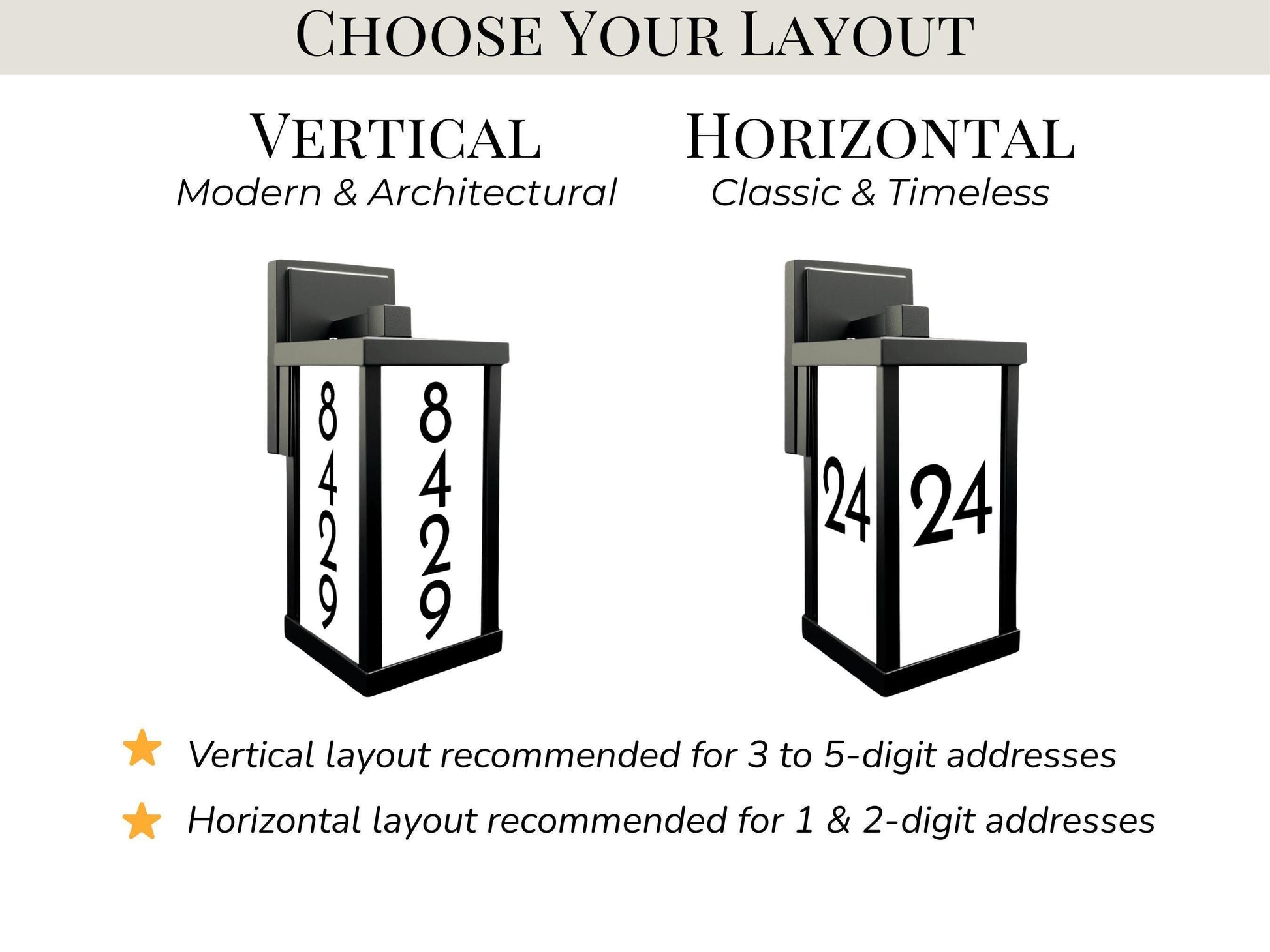 two different types of house number signs, each with a unique layout: a vertical layout and a horizontal layout. The vertical layout is recommended for 3 to 5-digit addresses, while the horizontal layout is recommended for 1 & 2-digit addresses.