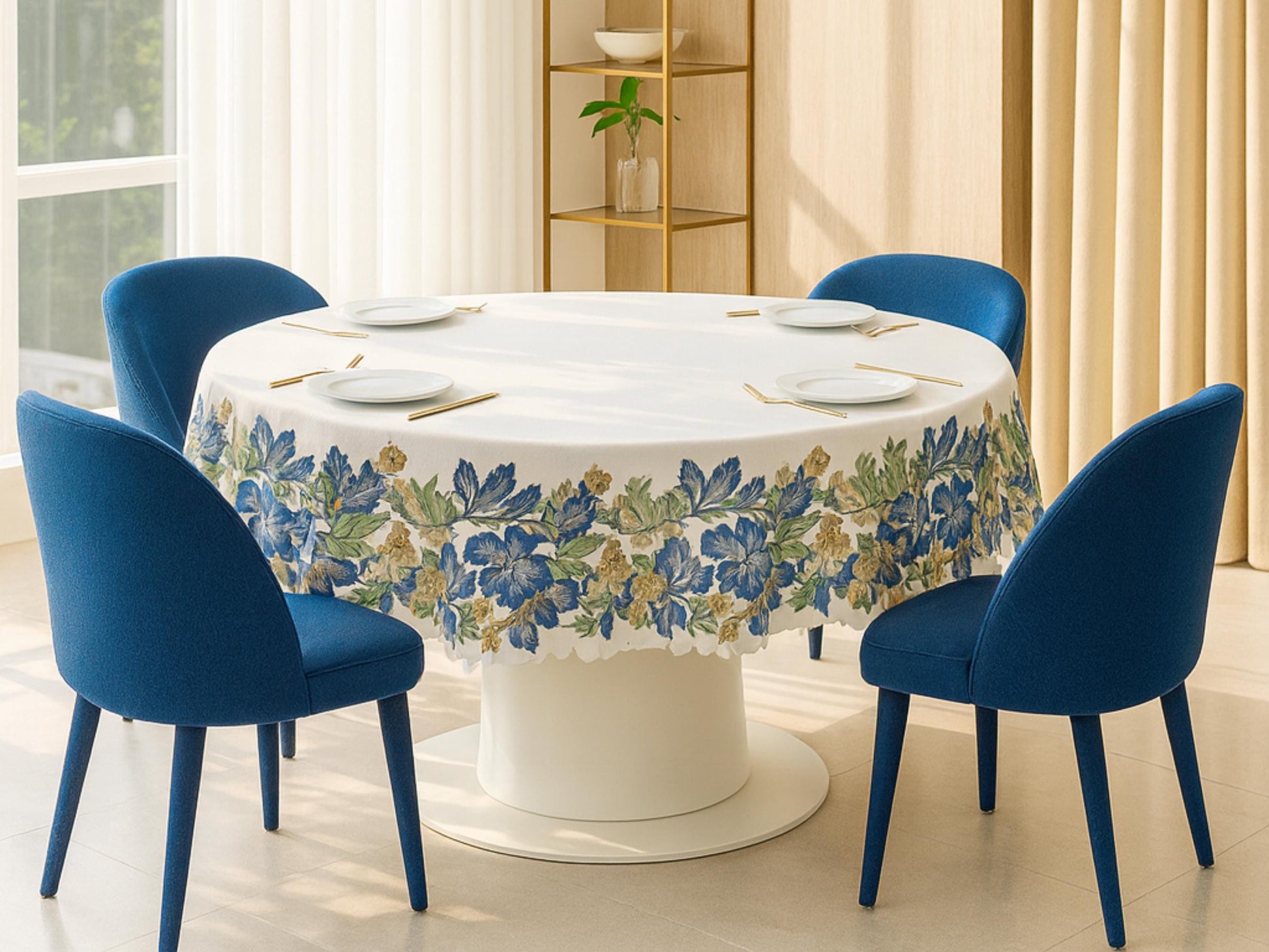 a dining room with a round table set for four, featuring a white tablecloth with a floral pattern and four blue chairs. The table is surrounded by a white base, and the chairs are positioned around the table. A vase of flowers is placed on the table, adding a decorative touch to the setting.