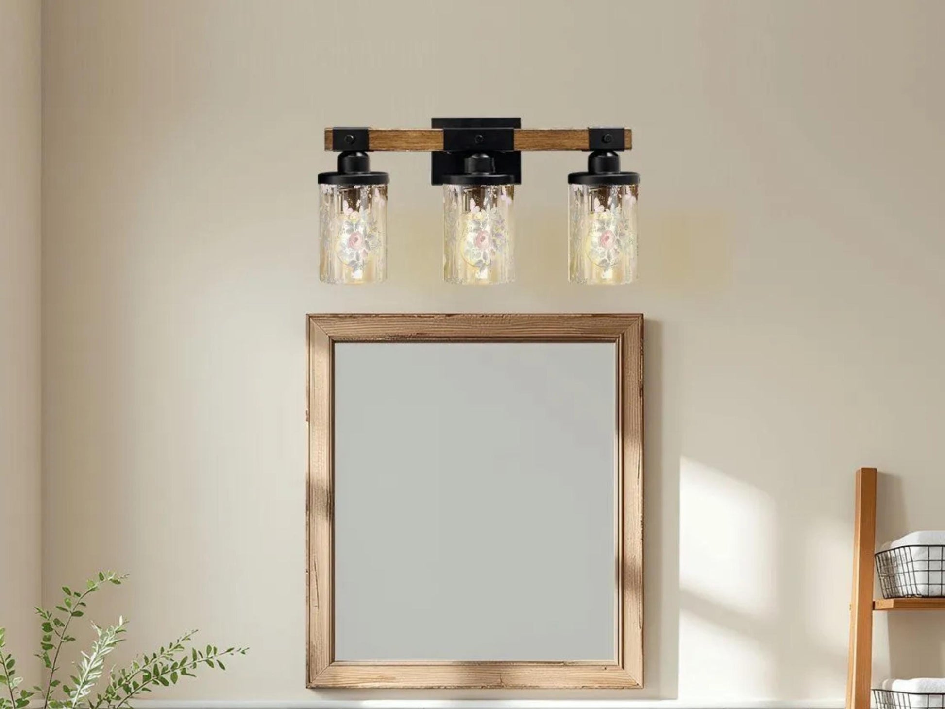 Luxury Bathroom Lighting Vanity Light Fixture 3-Light Watercolor Floral Farmhouse Roses Metal and Glass Restroom Light Over Sink Decor
