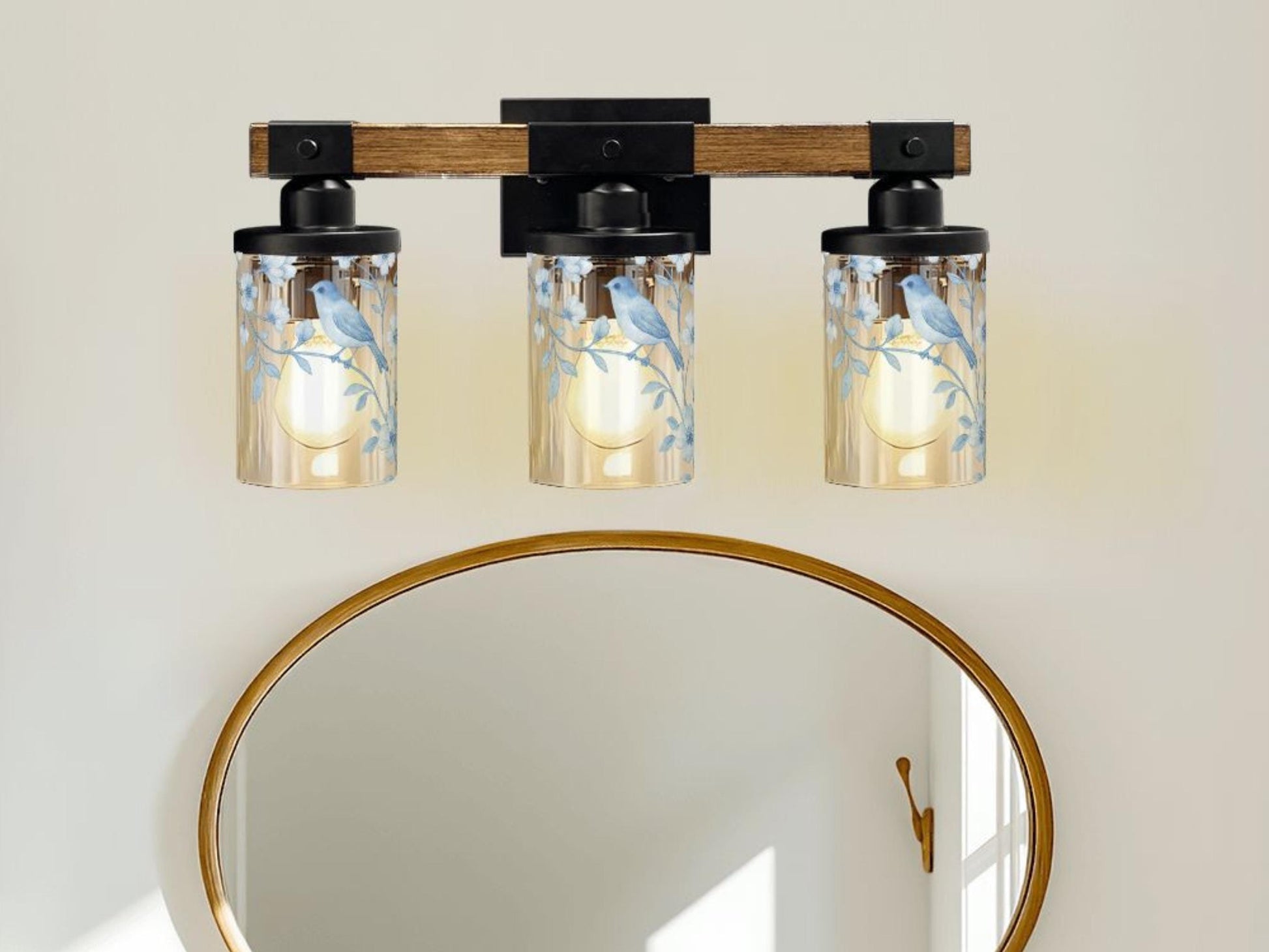 Luxury Bathroom Lighting Chinoiserie Vanity Light Fixture 3-Light Decorative Metal and Glass Restroom Light Toile Bird Light Over Sink Decor