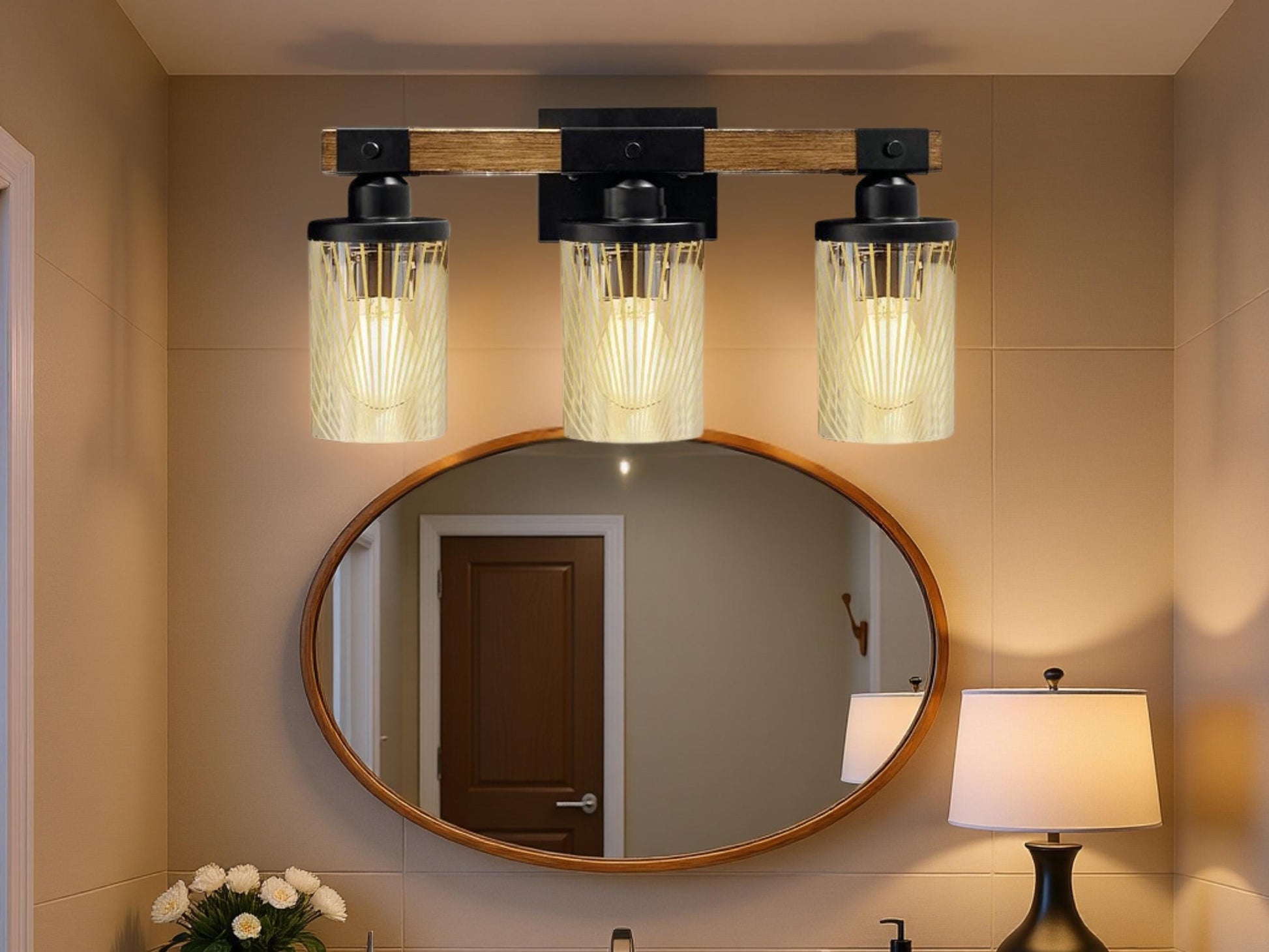 Luxury Bathroom Lighting Modern Farmhouse Vanity Light Fixture 3-Light Decorative Metal & Glass Bath Light Lined Beige Light Over Sink Decor