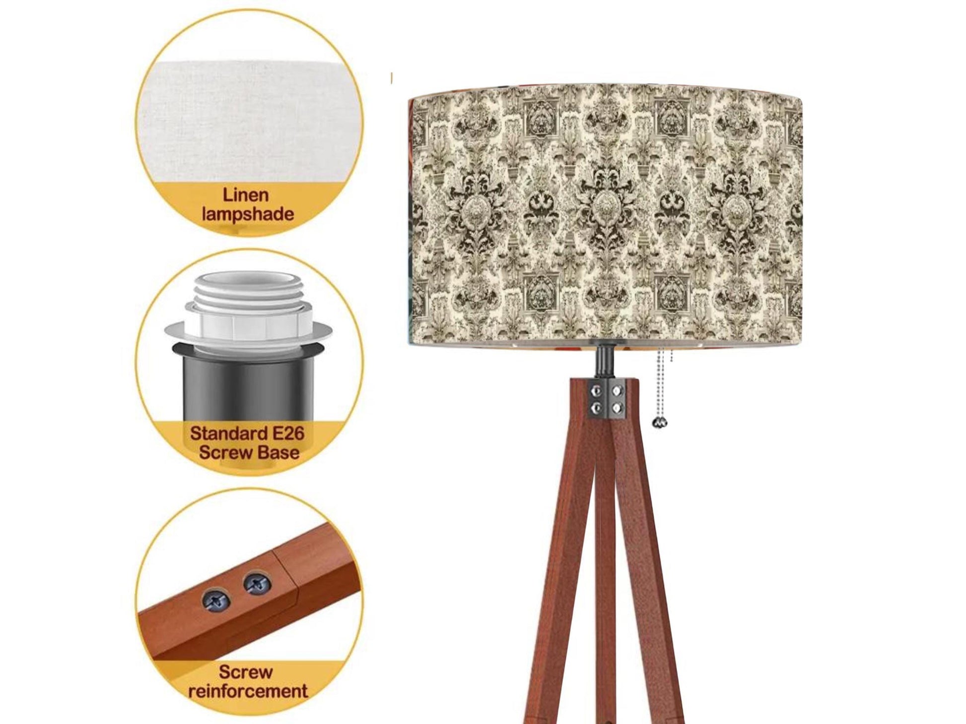 Floor Lamp Tripod Solid Wood Tall Lamp Fleur-de-lis French Royal Vintage Inspired Shade Living Room Lighting for Bedroom Home Decor Dining