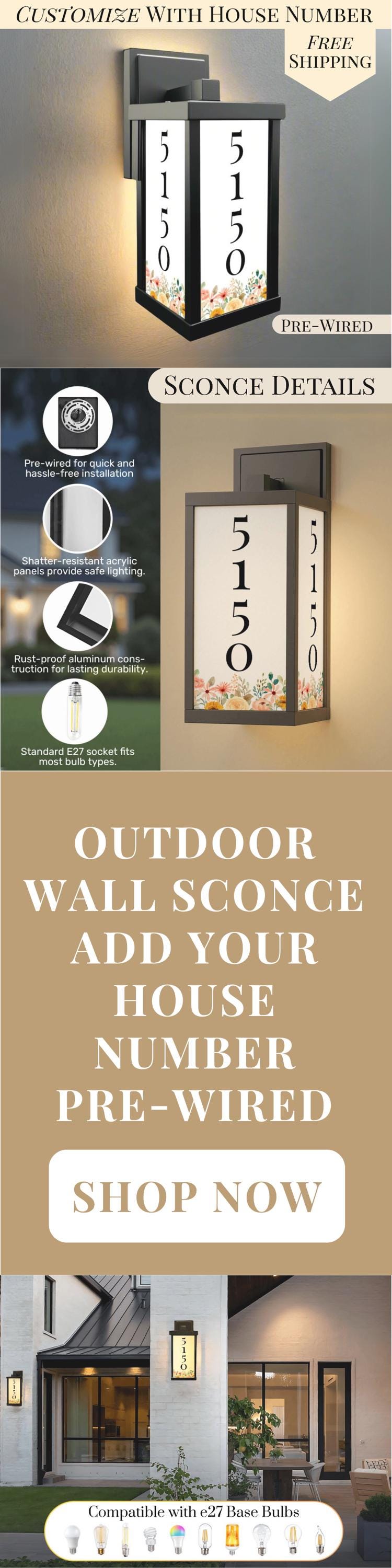 Outdoor Wall Light With House Number Floral Wall Sconce Porch Lighting Fixture Custom Address Number Lamp for Garage Sconce Personalized