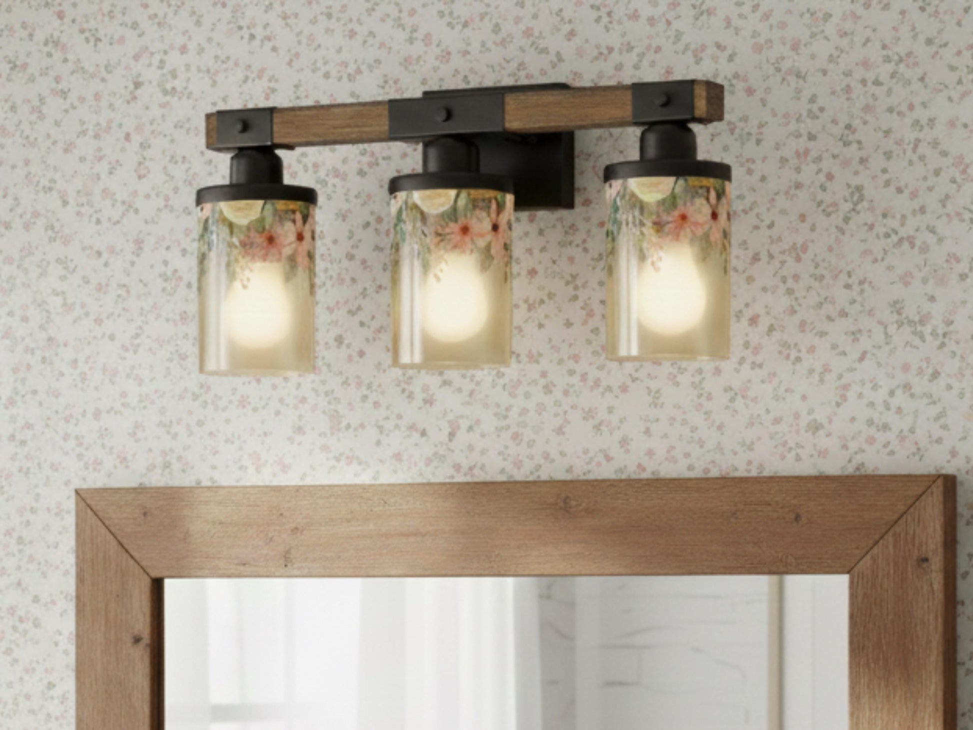 Vanity Light Fixture 3-Light Watercolor Floral Farmhouse Luxury Bathroom Lighting Flowers Metal and Glass Restroom Light Over Sink Decor