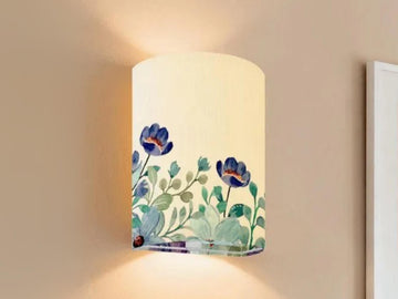 Wireless Wall Sconce Set of 2 Blue Floral Battery Operated Wall Light Decorative Indoor LED Wall Lamp Modern Farmhouse Floral Wall Lighting