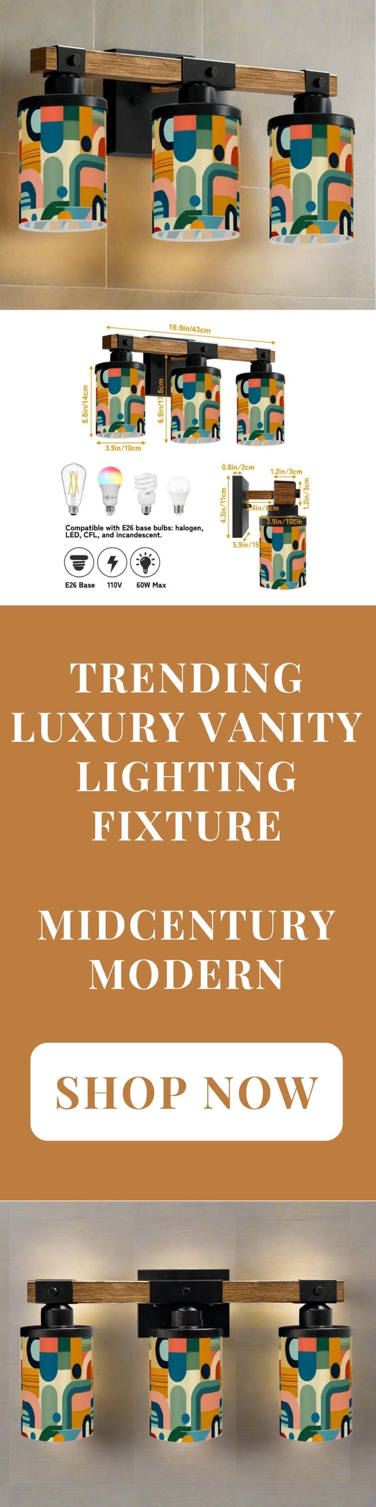 Luxury Bathroom Lighting MCM Vanity Light Fixture 3-Light Decorative Metal and Glass Restroom Light Midcentury Modern Orange Over Sink Decor