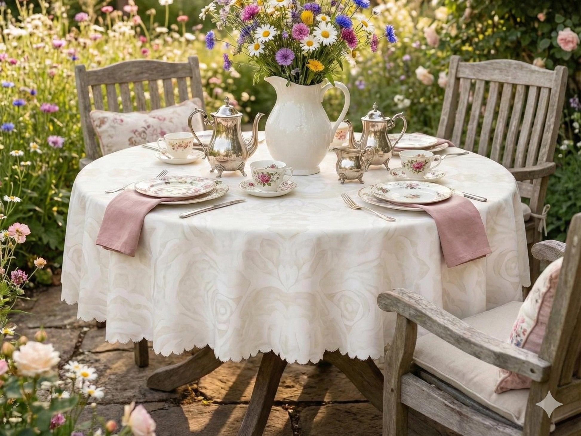 Tablecloth Round 60in Ivory With Scalloped Edge Lace Affect Details For Dining Room Spill-Proof Spring Washable Fabric Table Cloth Dinner