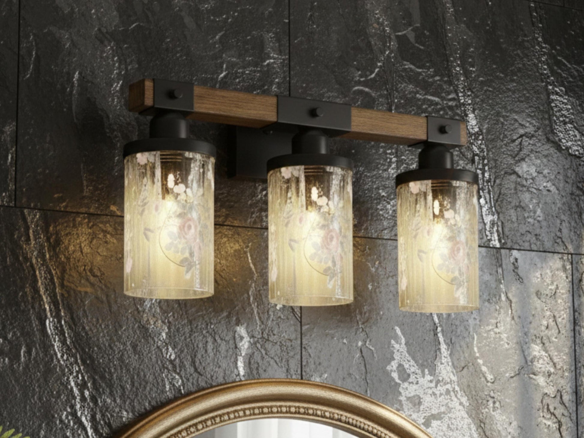 Luxury Bathroom Lighting Vanity Light Fixture 3-Light Watercolor Floral Farmhouse Roses Metal and Glass Restroom Light Over Sink Decor