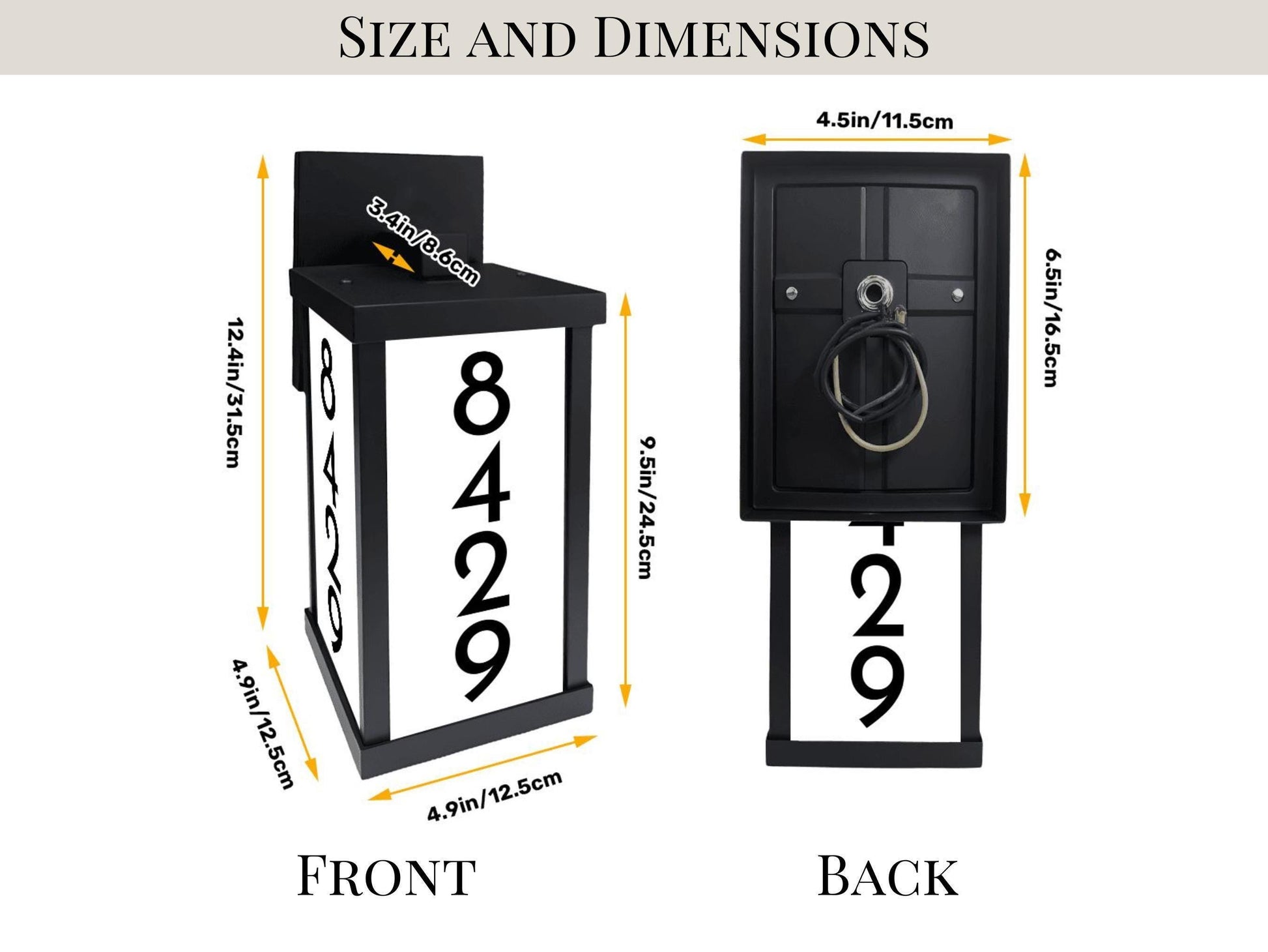 two different views of a black and white house number sign, with dimensions provided in centimeters.