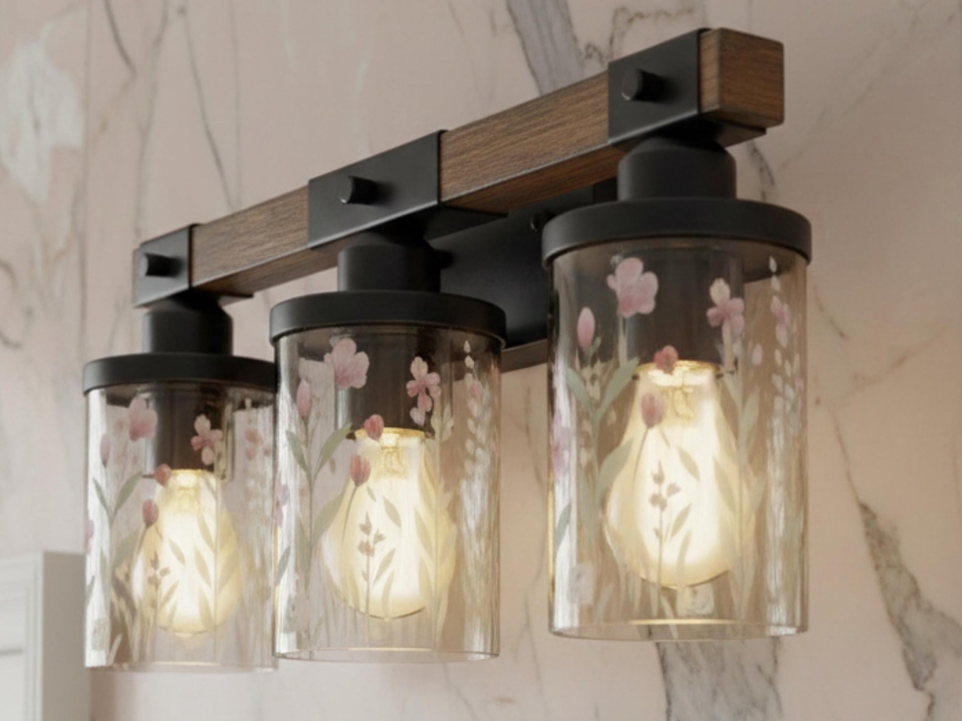 Luxury Bathroom Vanity Light Fixture 3-Light Watercolor Spring Floral Farmhouse Pink Flowers Metal and Glass Restroom Light Over Sink Decor