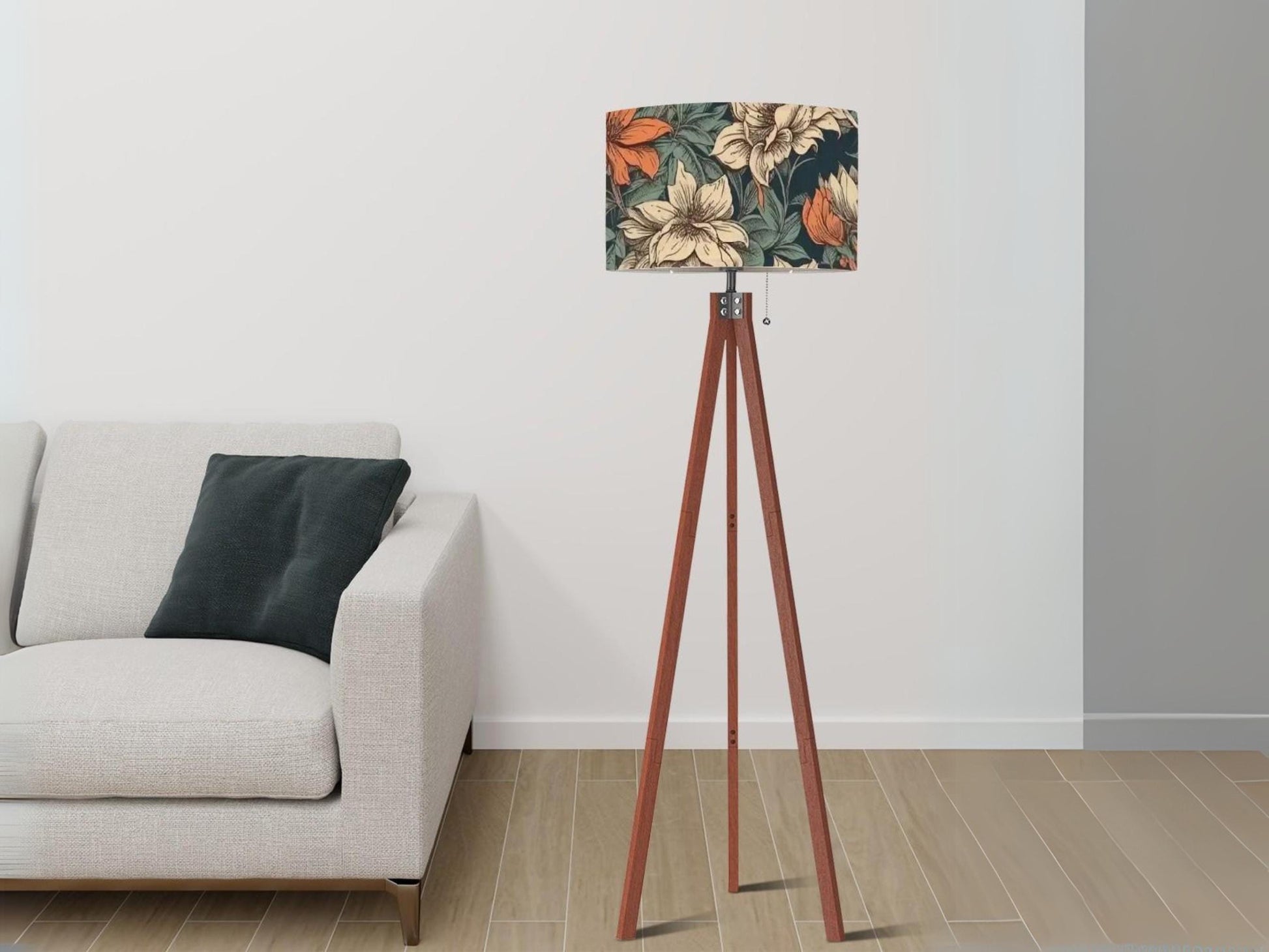 Floor Lamp Wood Tripod Tall Lamp Solid Wood Round Linen Shade Mid Century Floral Tall Lamp Housewarming Gift Living Room Lighting Decor Lamp