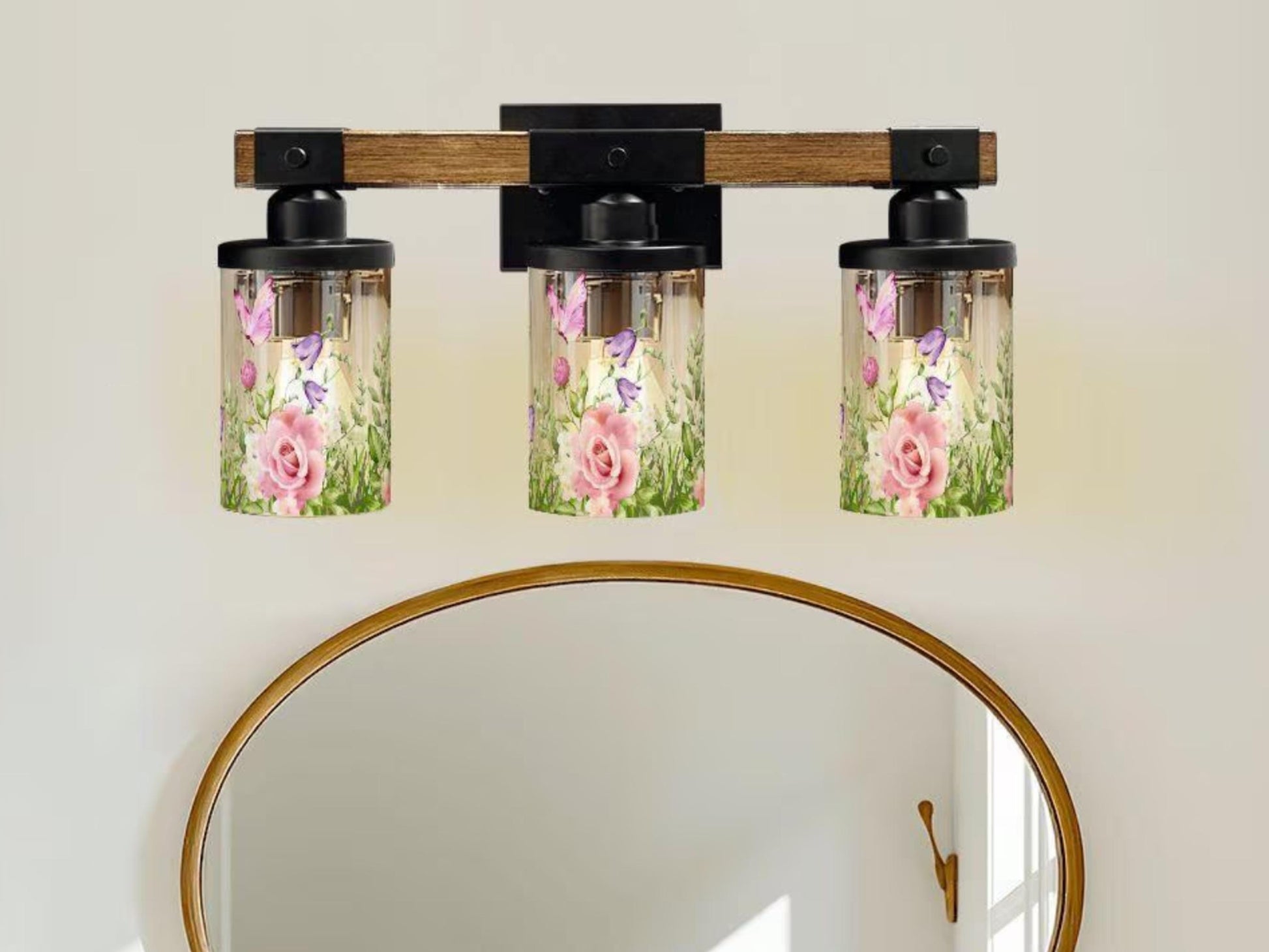 Bathroom Lighting Farmhouse Vanity Light Fixture Butterfly and Floral 3-Light Luxury Bathroom Metal and Glass Restroom Light Over Sink Decor