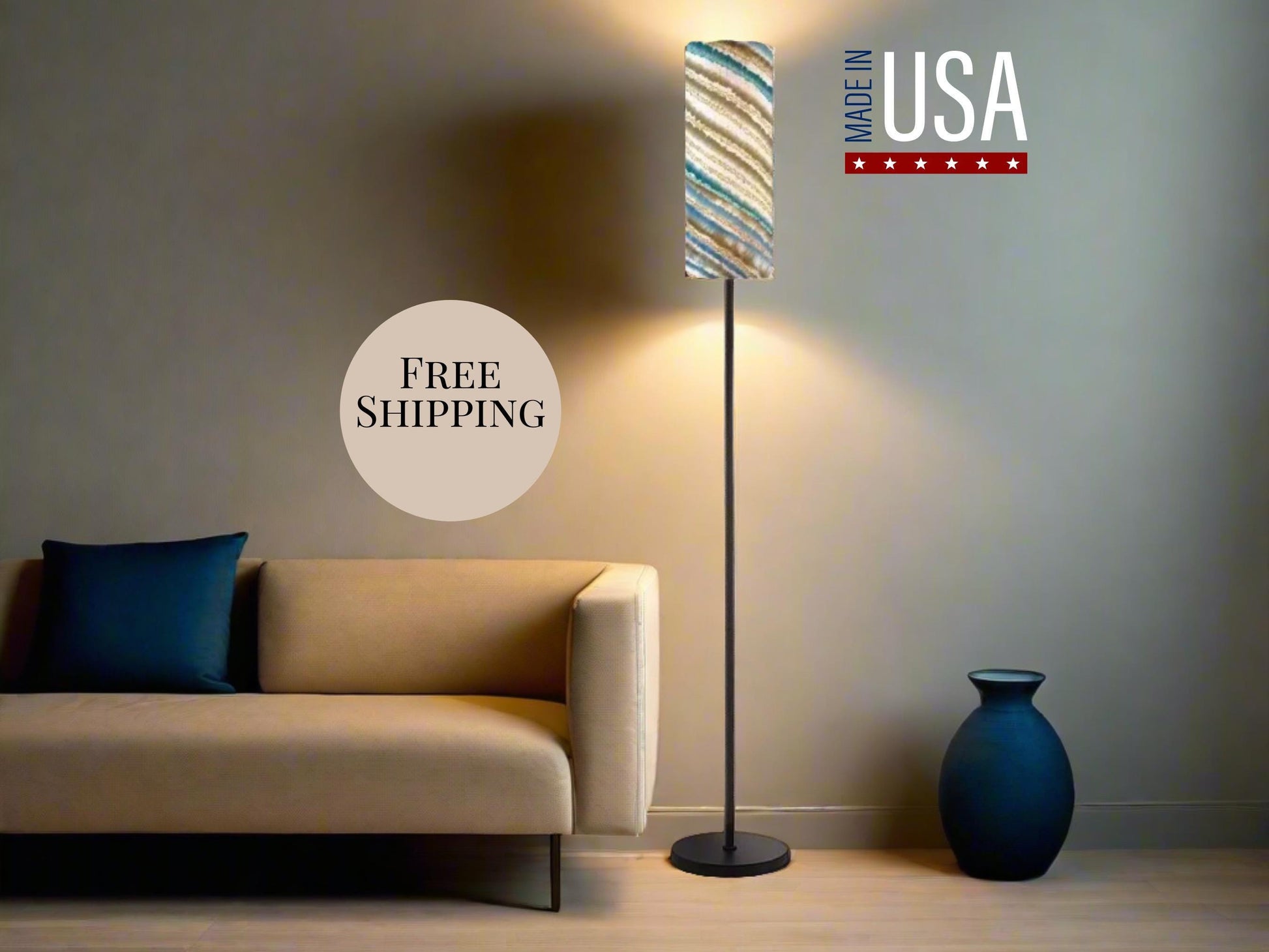 a modern living room with a beige sofa, a blue vase, and a floor lamp with a striped lampshade. The sofa has a blue pillow on it. The floor lamp is positioned next to the sofa, and there is a sign that reads "FREE SHIPPING" above the lamp.
