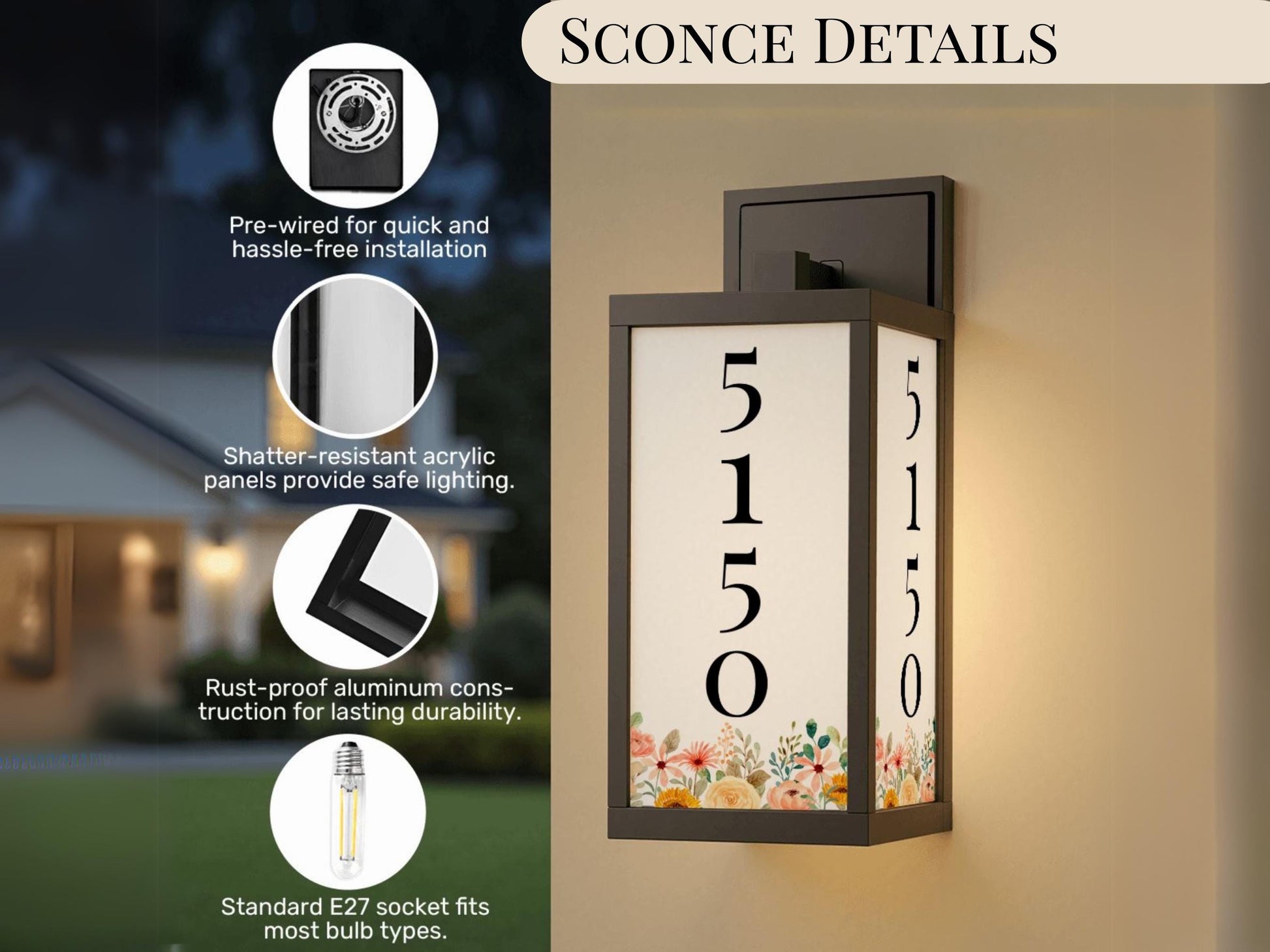 Outdoor Wall Light With House Number Floral Wall Sconce Porch Lighting Fixture Custom Address Number Lamp for Garage Sconce Personalized