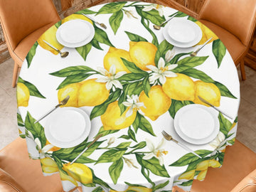 Tablecloth Lemon and Floral With Scalloped Edge Lace Detail Springtime Spill-Proof Lemons Washable Fabric Table Cloth For Family Dining