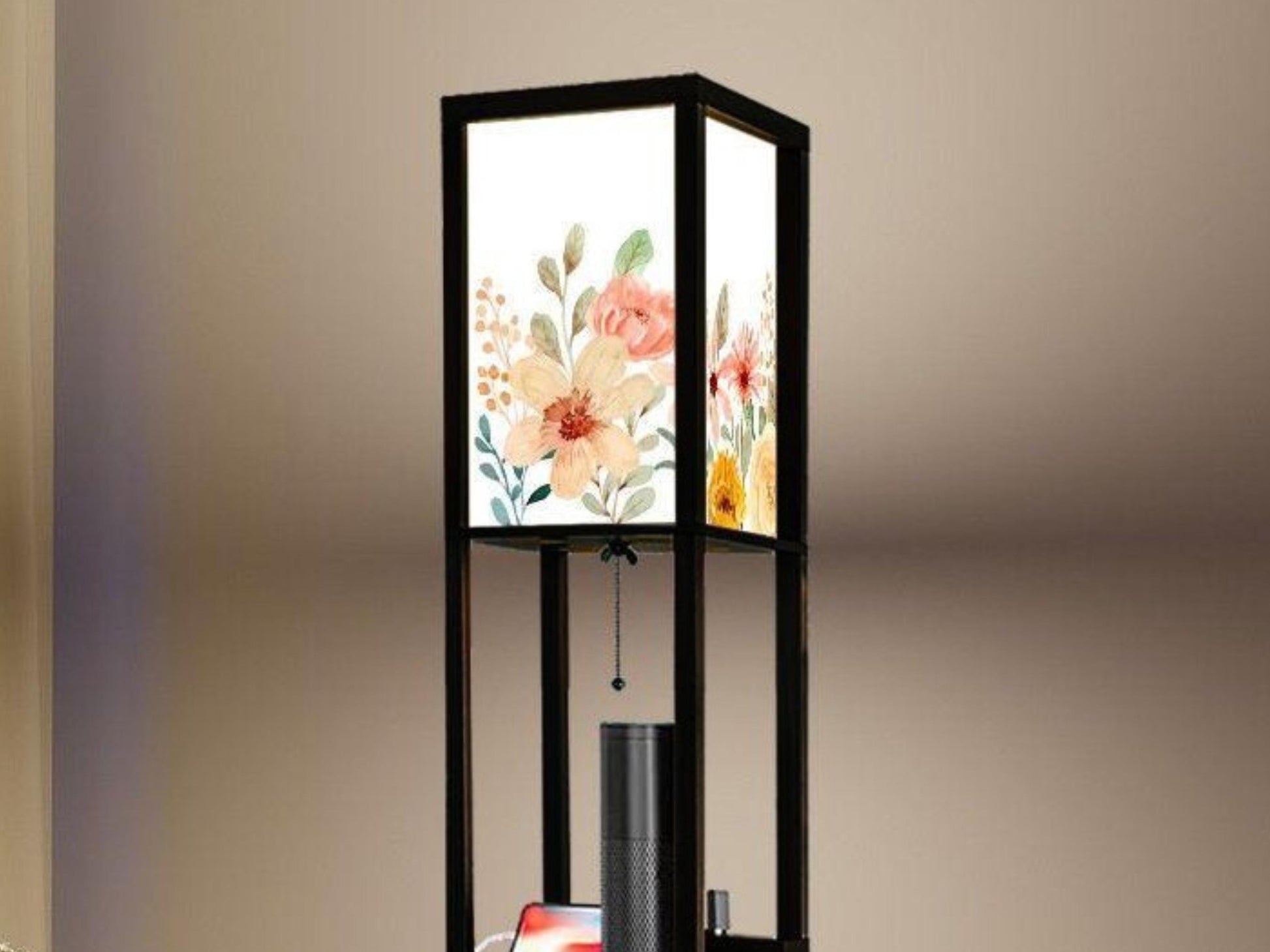 Floor Lamp Wooden Shelves Floral USB Floor Lamp Living Room Lighting Made in USA Floor Lamp With 3 Shelves Bedroom Lighting for Living Room