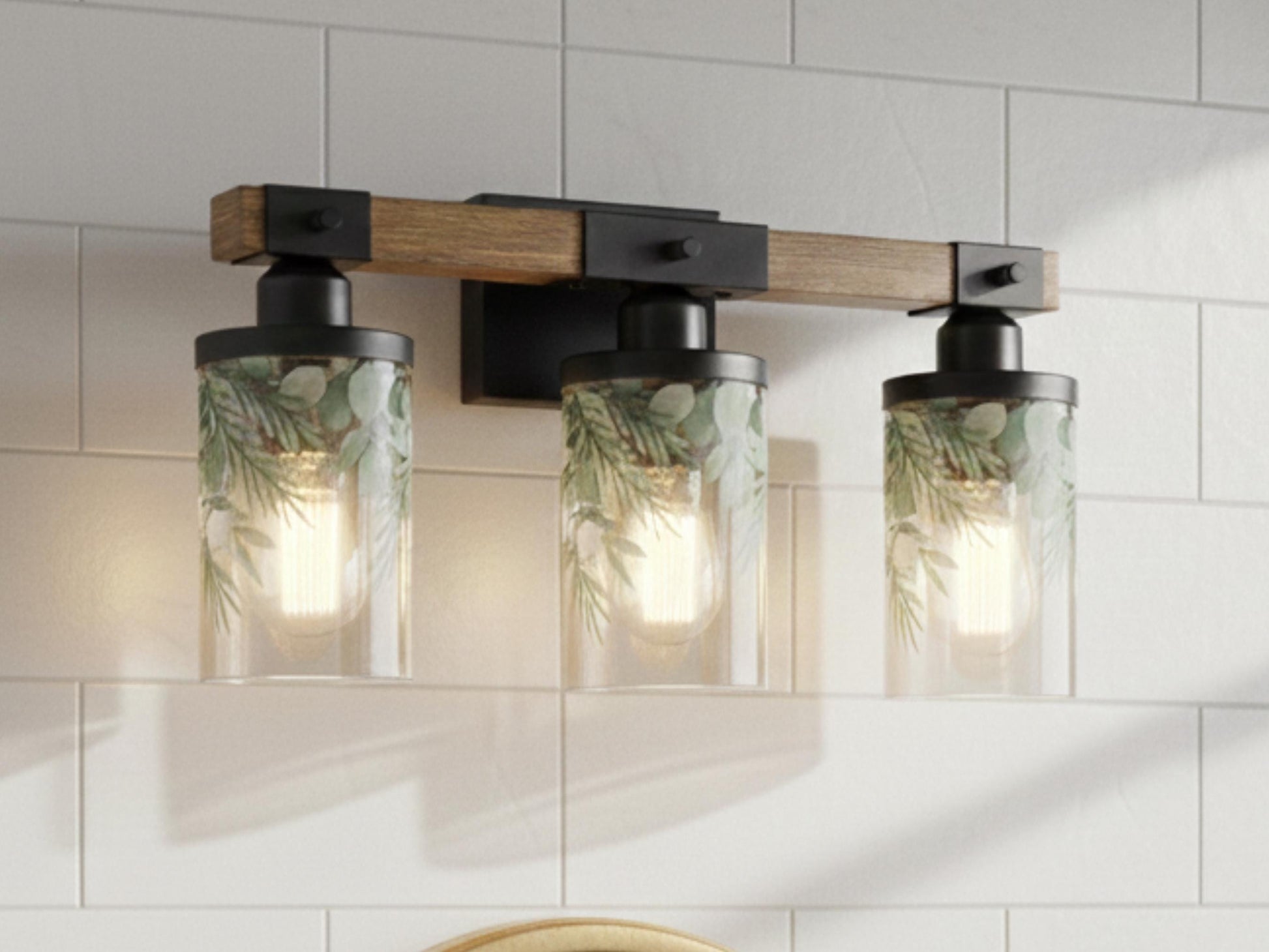 Bathroom Light Fixture Green Vanity Lighting  3-Light Decorative Metal & Glass Restroom Light Sage Greenery Pink Leaves Over Sink Decor