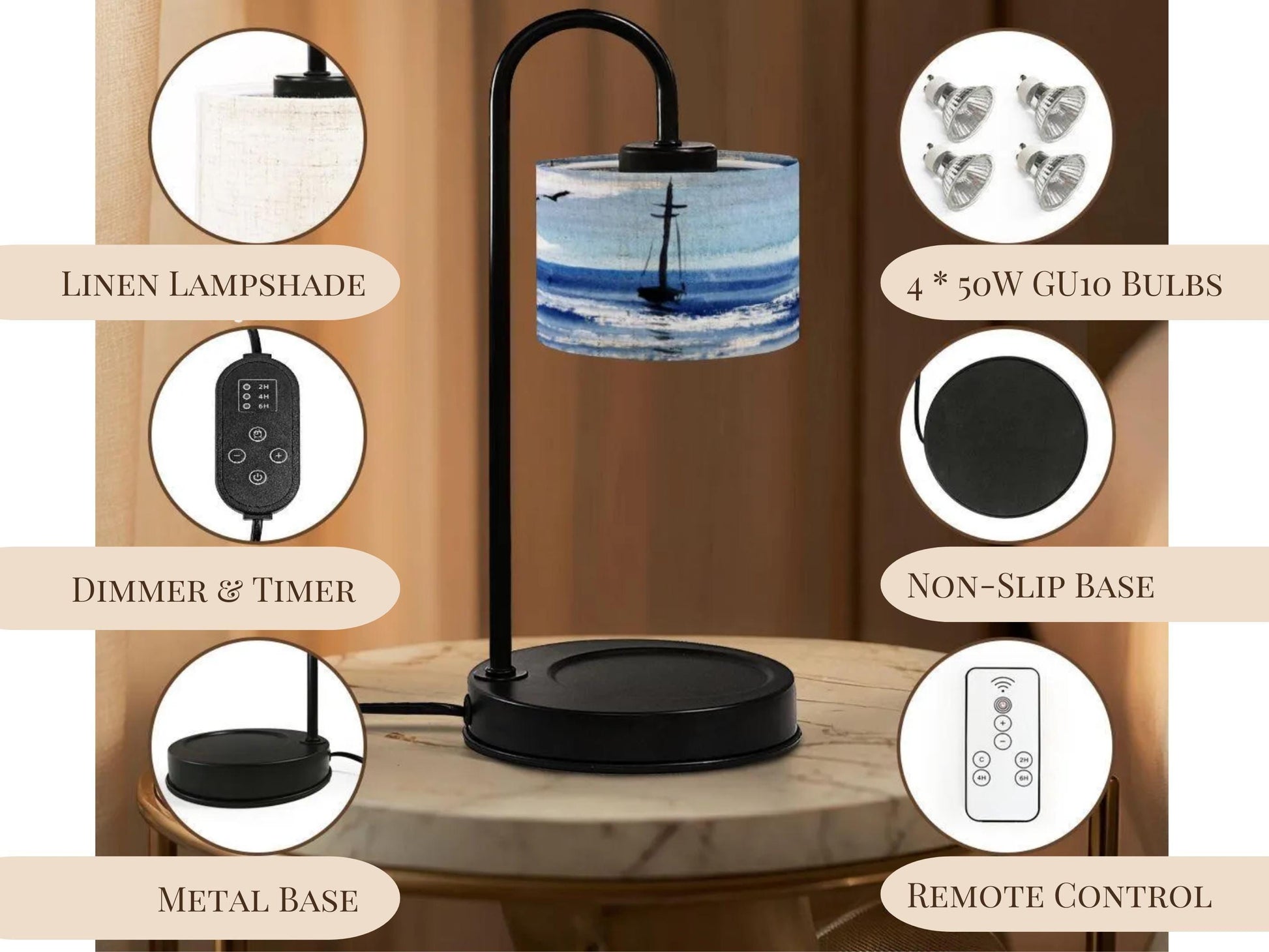 The image is a product image of a lamp with various features and accessories, including a linen shade, dimmer and timer controls, a non-slip base, and a remote control.