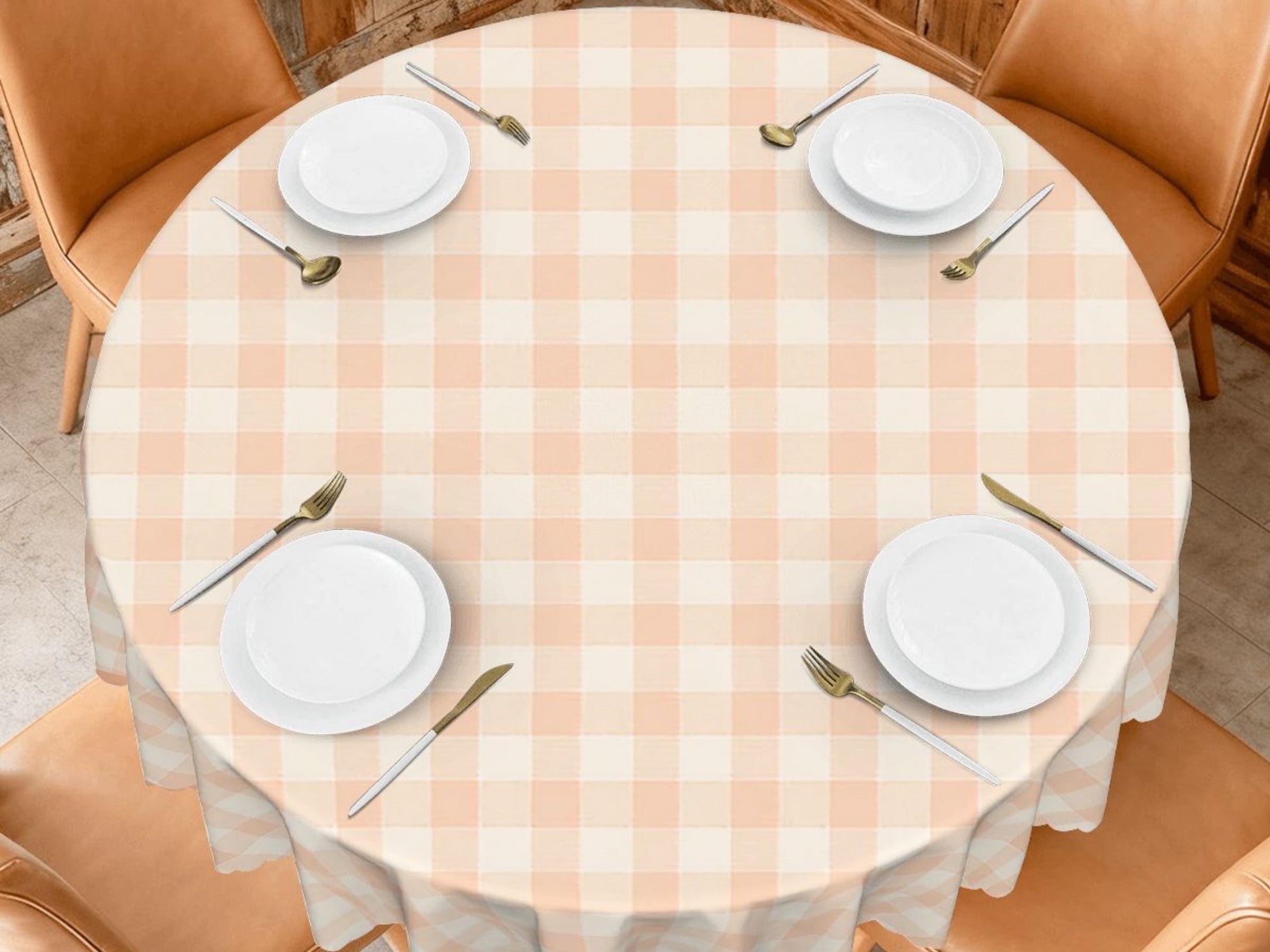 Plaid Tablecloth Peach Pink Scalloped Edge Lace Details For Spring Spill-Proof Summer Washable Fabric Table Cloth For Family Dinner Occasion
