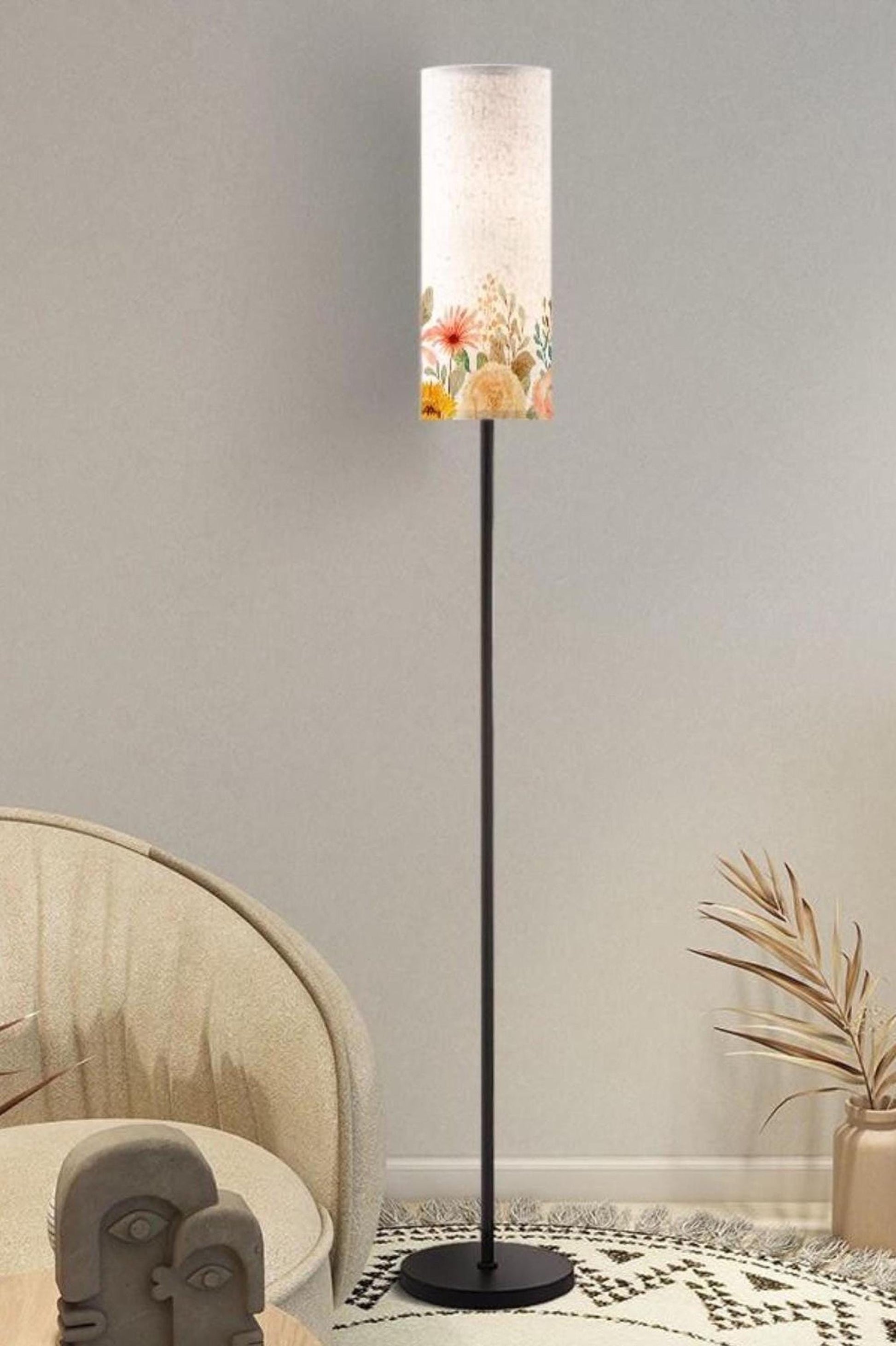 Floor Lamp Modern Standing Lamp Round Shade Tall Lamp Floral Cylinder Lamp Shade Living Room Lighting Made in USA Floor Lamp Bedroom Lamp