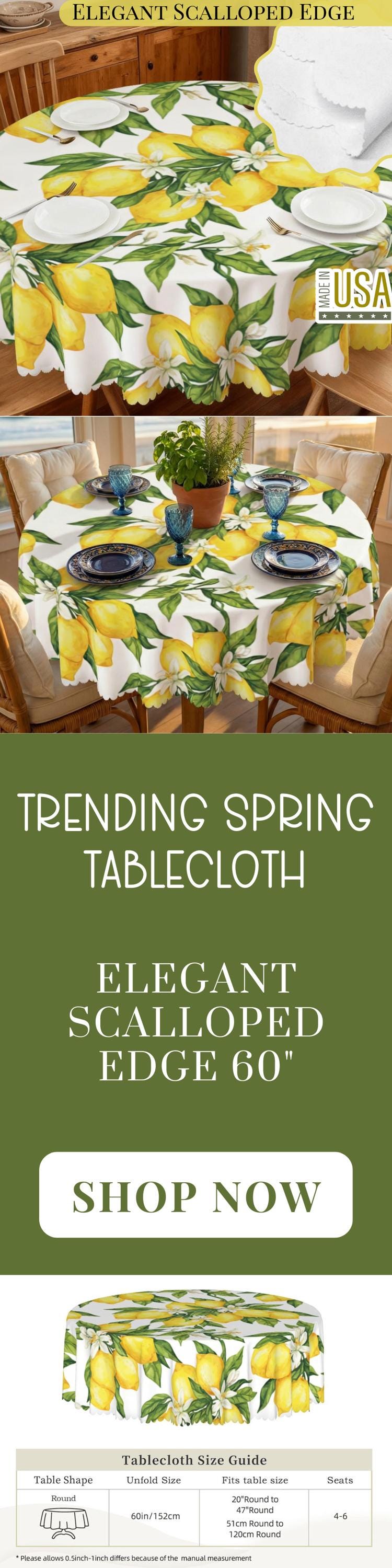 Tablecloth Lemon and Floral With Scalloped Edge Lace Detail Springtime Spill-Proof Lemons Washable Fabric Table Cloth For Family Dining