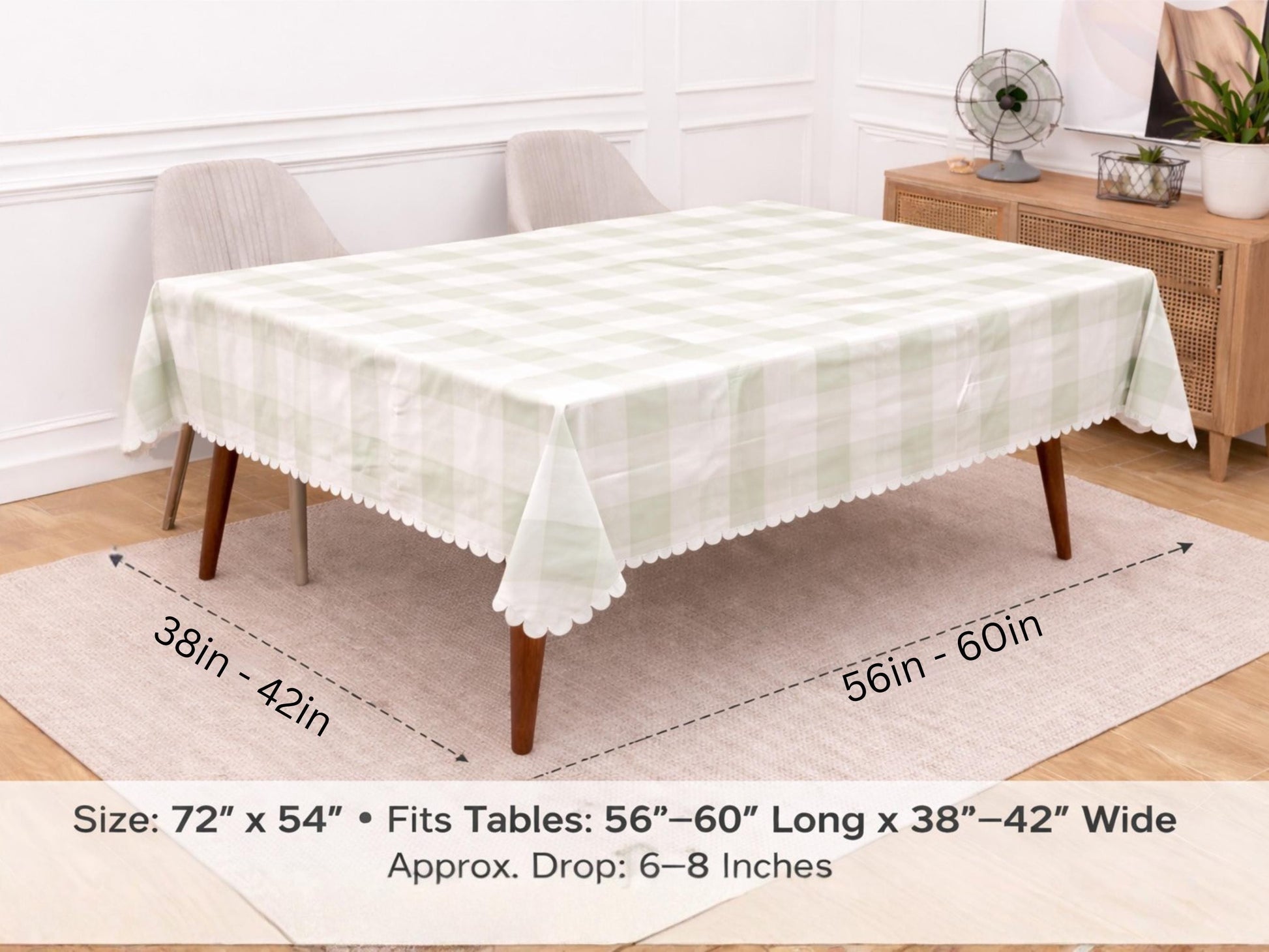 Scalloped Sage Gingham Tablecloth Hand Drawn Uneven Line Green Plaid Farmhouse Tablecloth Cottagecore Dining Table Cover Neutral Home Decor