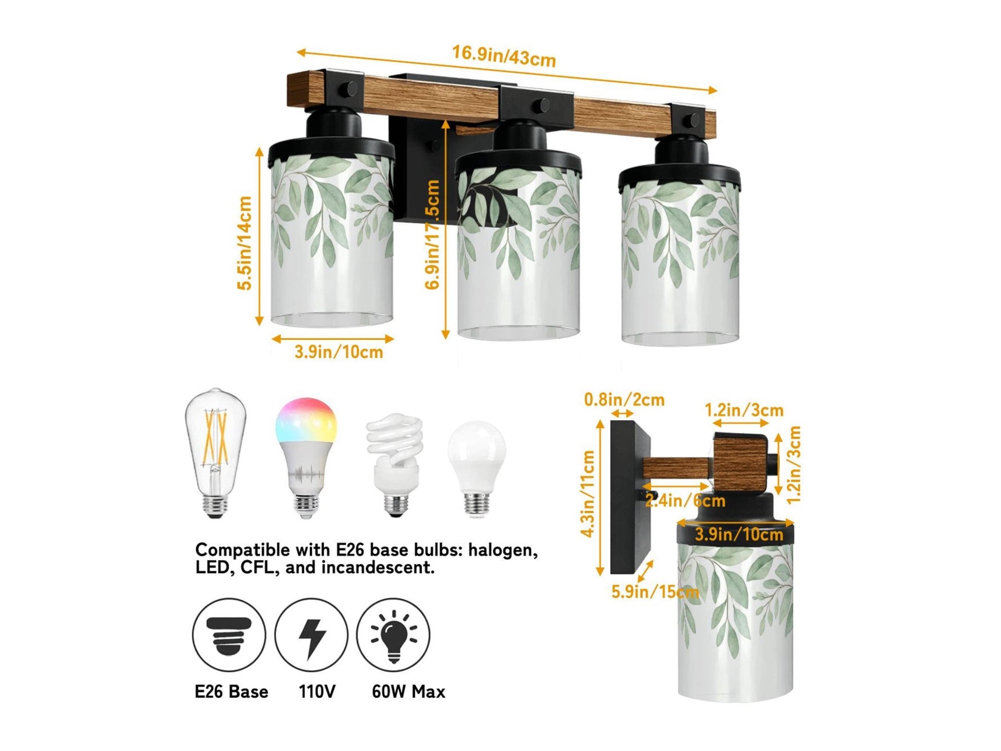 Luxury Bathroom Lighting Botanical Vanity Light Fixture 3-Light Decorative Metal & Glass Restroom Lights Green Leaves Light Over Sink Decor