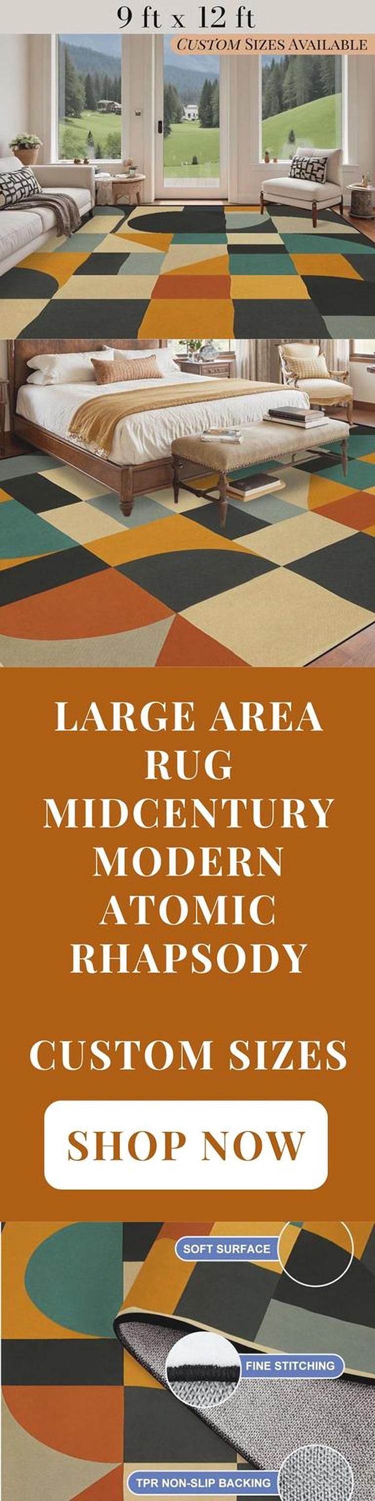 9ft x 12ft Large Area Rug Midcentury Modern Large Living Room Rug Indoor Outdoor Design Carpet 108in x 144in Family Room Rug Soft Short Pile