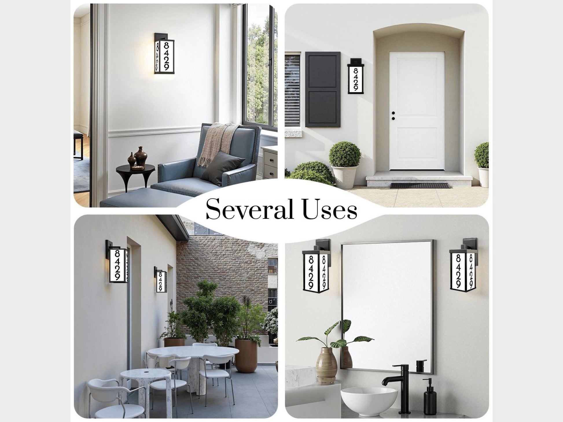 The image is a collage of four photos showcasing various uses of a light fixture with a clock design.