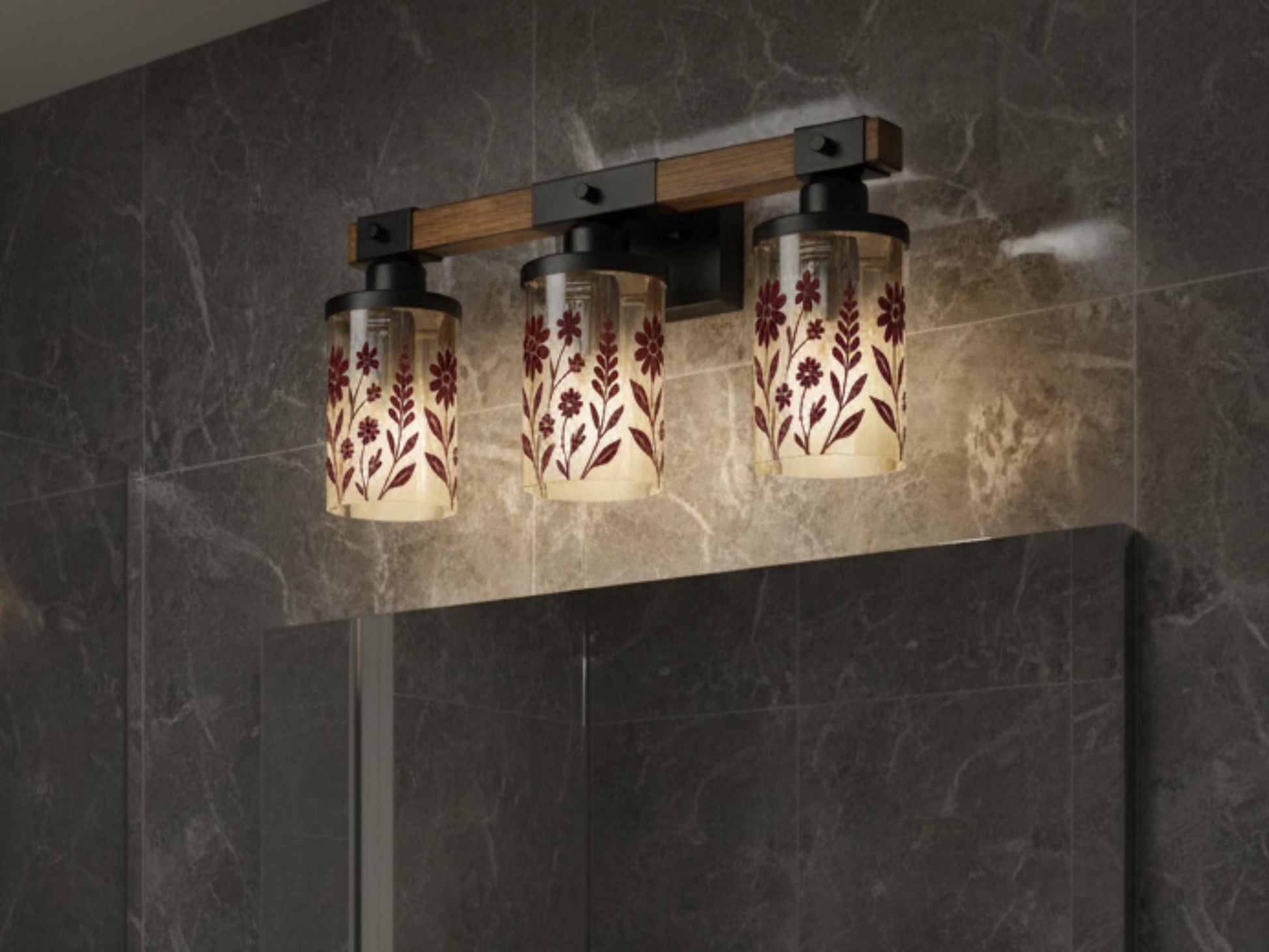 Luxury Bathroom Lighting Modern Vanity Light Fixture 3-Light Decorative Metal and Glass Restroom Light Red Merlot Wildflower Over Sink Decor